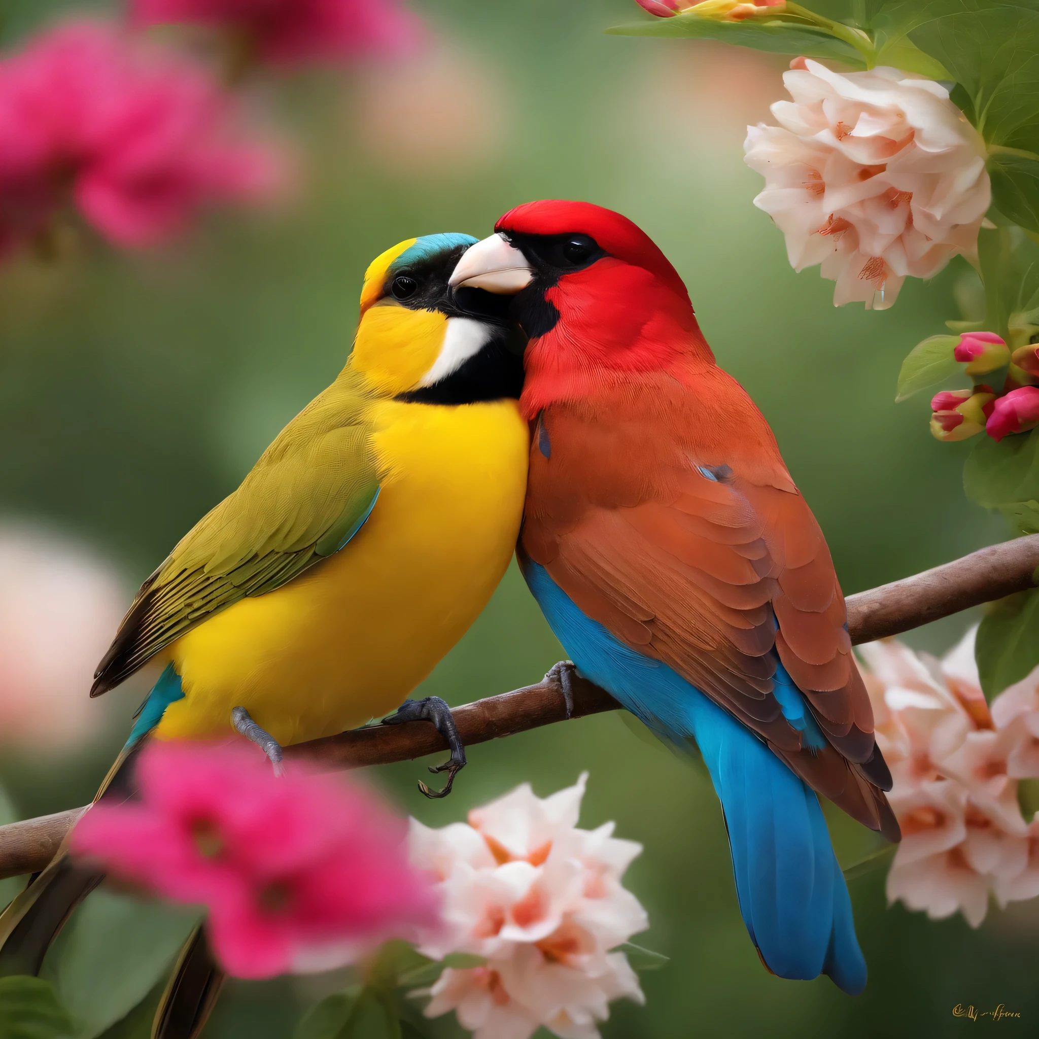 Beautiful birds standing on flowers，Talking with a mouth in his lap