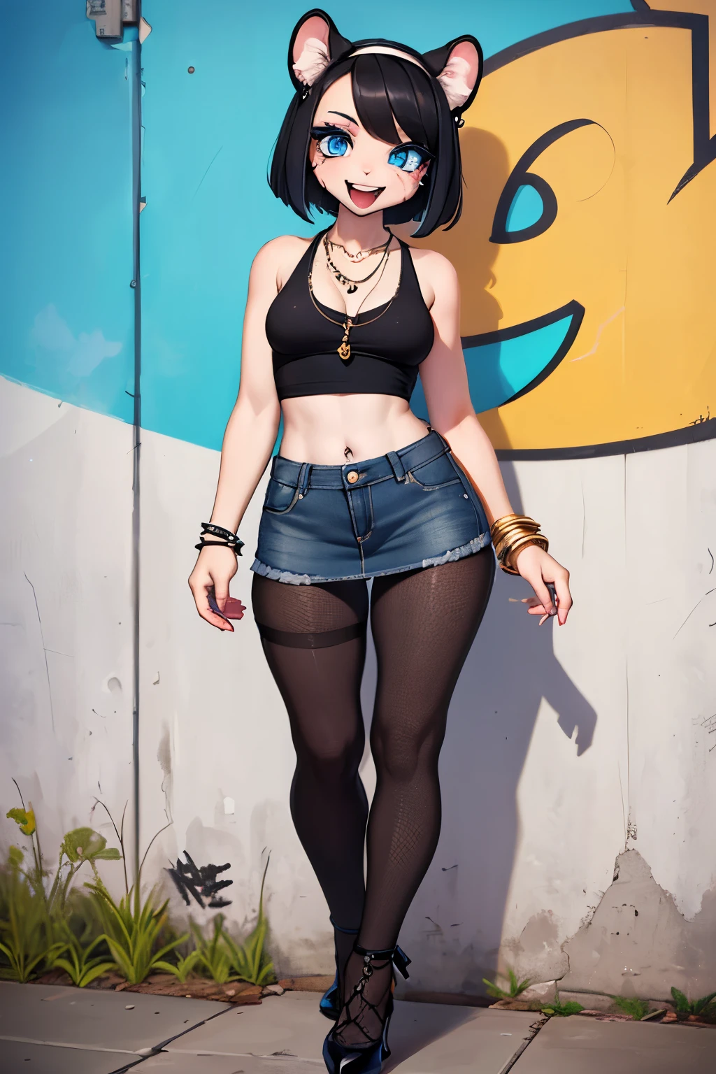 Professional Photography, (expressive eyes), (ice blue eyes), leopard girl, golden skin, open mouth, black lipstick, snipped haircut, (black hair), 
BREAK,  
revealing streetwear ensemble consisting of a cropped tank top and distressed denim micro skirt, paired with fishnet pantyhose and heels adorned with graffiti tags. Accessorize with chunky chain necklaces, spiked bracelets, and a bandana worn as a makeshift top. Complete the look with bold, graffiti-inspired makeup,
BREAK, 
(Laughing with a genuine and infectious giggle), capturing the essence of joy and cuteness in a spontaneous pose, 