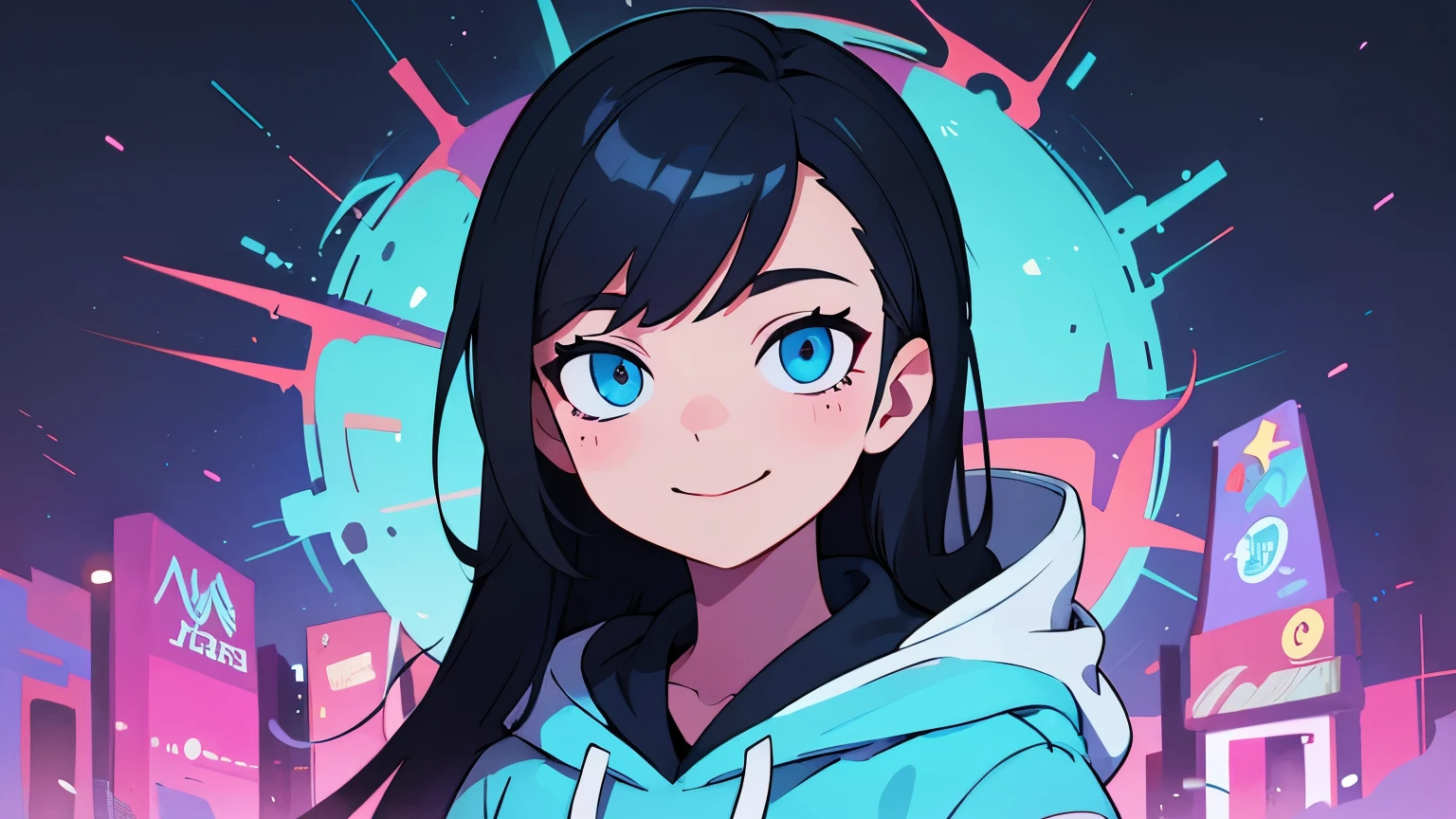 ((best quality)), ((masterpiece)), (detailed), perfect face, detailed background, masterpiece, best quality, smile, ornament, hoodie, portrait, blue neon, graffiti, dark, night, glowing eyes, blacklight