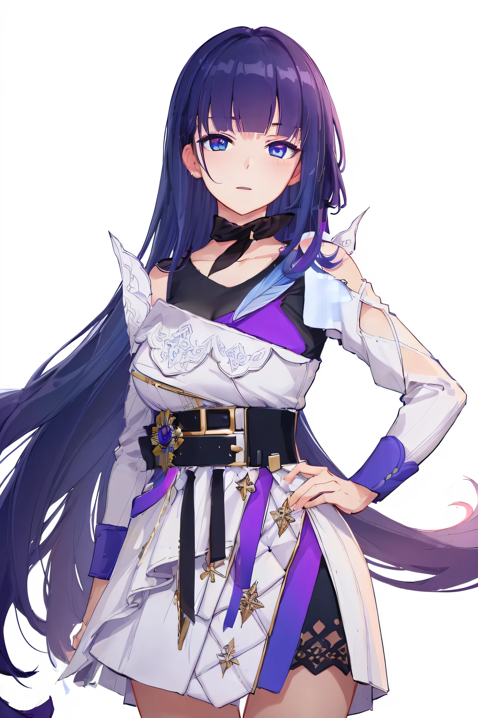 houbeng,raiden mei,1girl,long hair,purple eyes,purple hair,bangs,
BREAK (blue bowtie, school_uniform,blue_sailor_collar,short_sleeves,blue and white skirt:1.2),
BREAK standing,looking at viewer,(solo:1.4),hand on hip,
BREAK (white background, simple background:1.6),
BREAK (masterpiece:1.2), best quality, high resolution, unity 8k wallpaper, (illustration:0.8), (beautiful detailed eyes:1.6), extremely detailed face, perfect lighting, extremely detailed CG, (perfect hands, perfect anatomy),