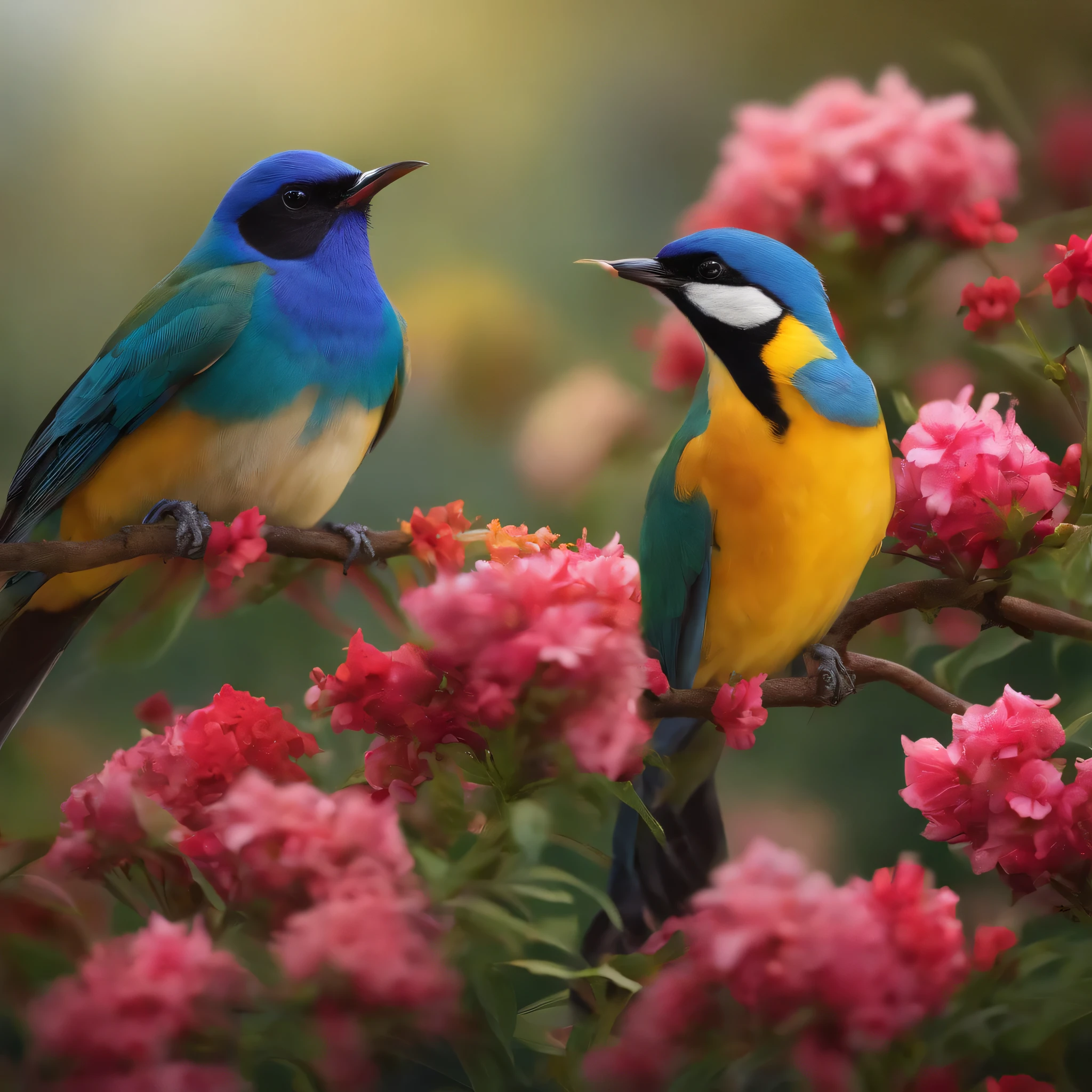 Beautiful birds standing on flowers,Talking with a mouth in his lap