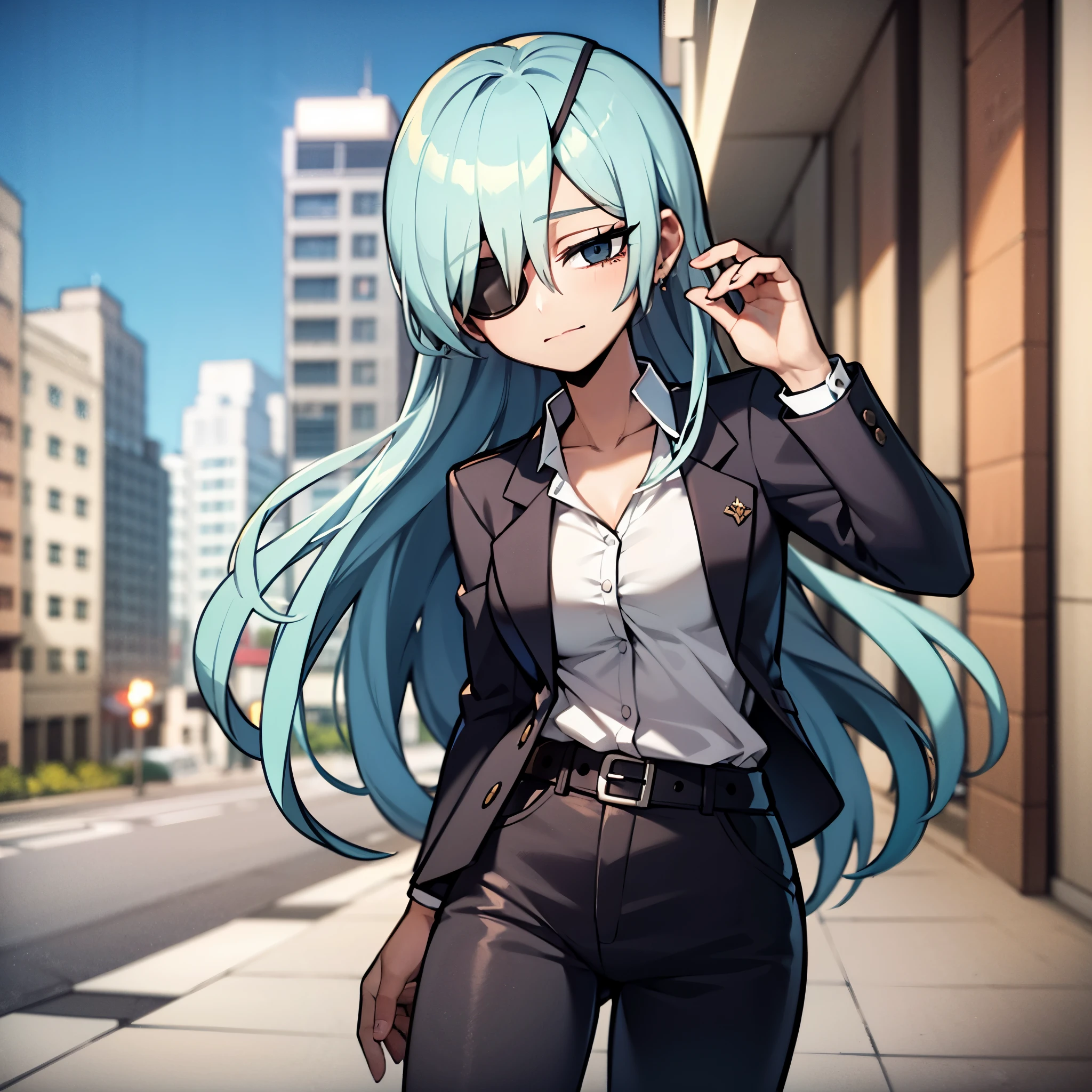 young girl, wearing blue hair, symetric hair, blue eye, wearing a eye patch, black eye patch, wearing suir, black suit, in a city, looking at vieweer, 4k, masterpiece,
