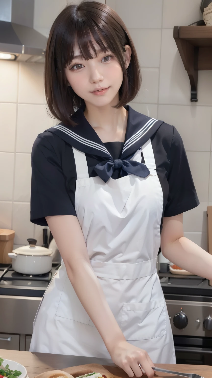 sailor suit, one woman, (a beauty woman, delicate :1.3), black hair, bob cut, Bangs Patsun, 8K, highest quality, masterpiece, Super detailed, ultra high resolution, realistic, RAW photo, absolute resolution, small face compared to body (4:1), very small face (4:1), The face is balanced, black hair, (Cover your hair with a triangular bandana), realistic女子高生, apron, small breasts, tall, slanted eyes, light blue eyes, (Cooking Practice), open your mouth, Smile while looking back, Kitchen knife in hand, 