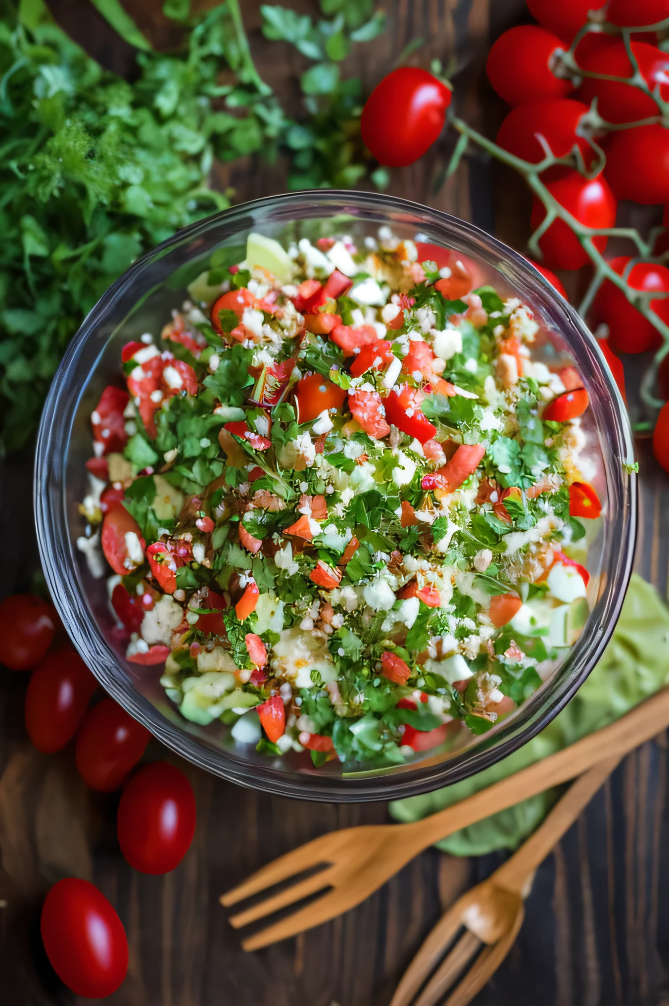 a close up of a bowl of salad with tomatoes and herbs, salad, healthy, mediterranean, humus, ❤🔥🍄🌪, overhead shot, grand finale, also very detailed, by Julia Pishtar, bowl filled with food, recipe, by Gabriel Ba, unknown artist, by Meredith Dillman, extremely intricate, by Caroline Mytinger