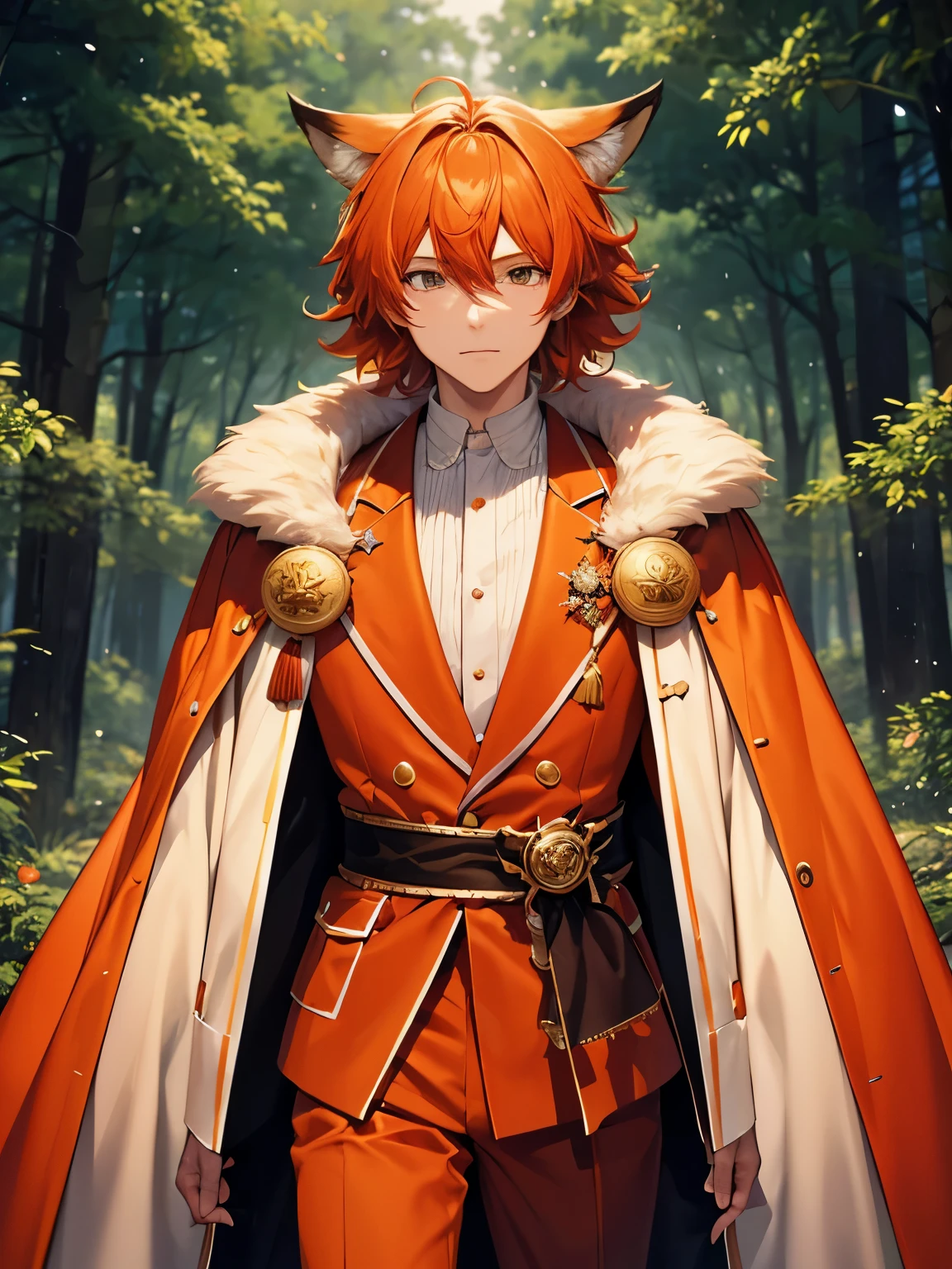1man,30 years old,Fox king,medium hair,robe, king suit, orange hair, ultra detail, ultra HD, masterpiece, forest background