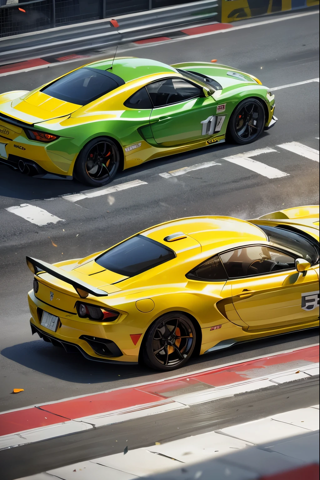 Amidst a bright sunny day, an exhilarating scene unfolds as a sleek sports car speeds down the cyberpunk streets of Miami. Neon signs illuminate the urban landscape, casting vibrant colors on the gleaming vehicle and the bustling crowds that line the sidewalks. Confetti debris and swirling dust trail behind, caught in the wind and fog, creating a dynamic volumetric effect. The sun begins to set, casting long shadows and bathing the scene in a warm, golden hue. The epic action unfolds in stunning detail as the sports car races through the city, captured by an epic action camera in high definition (obra de arte:1.2, fotorrealista:1