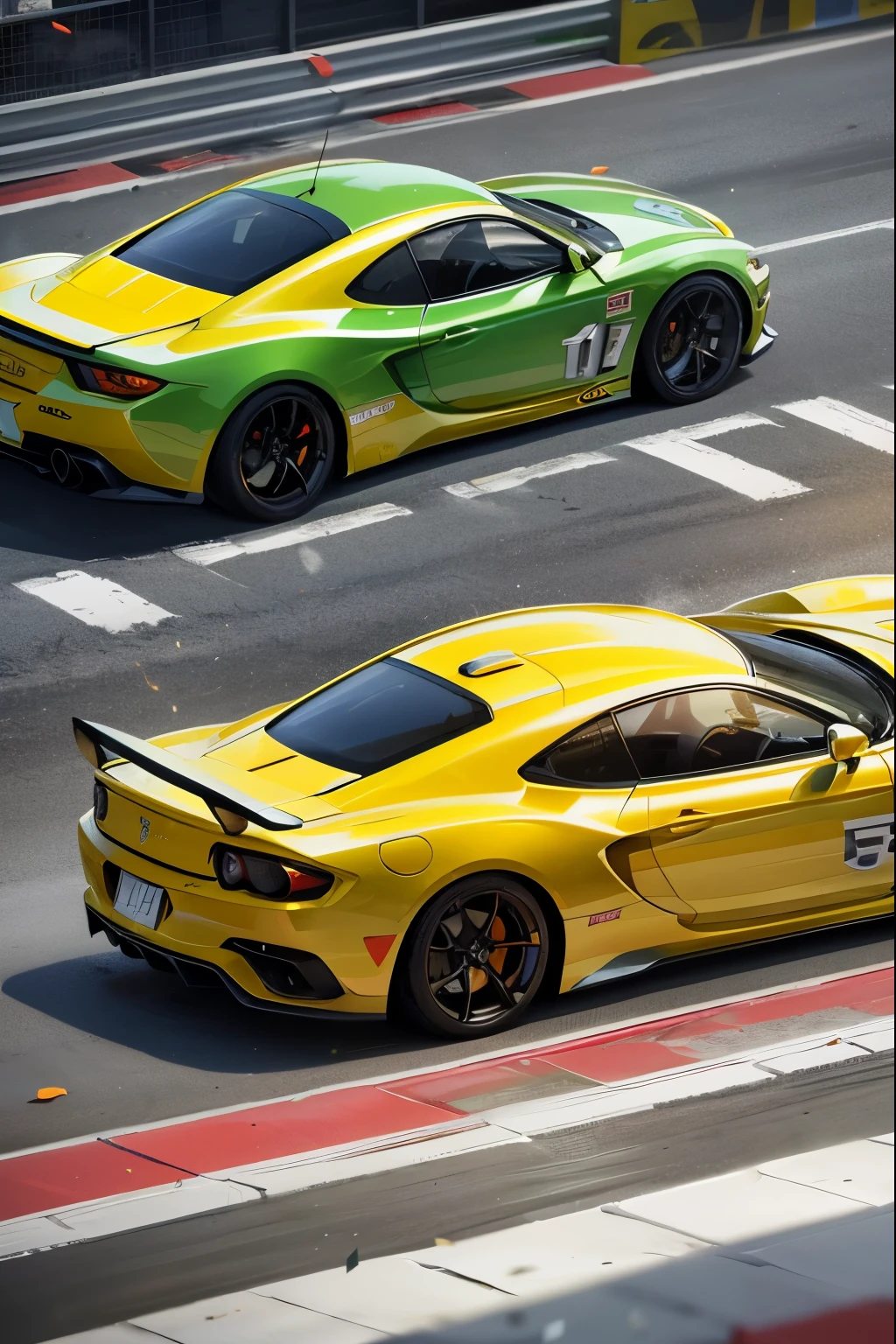 Amidst a bright sunny day, an exhilarating scene unfolds as a sleek sports car speeds down the cyberpunk streets of Miami. Neon signs illuminate the urban landscape, casting vibrant colors on the gleaming vehicle and the bustling crowds that line the sidewalks. Confetti debris and swirling dust trail behind, caught in the wind and fog, creating a dynamic volumetric effect. The sun begins to set, casting long shadows and bathing the scene in a warm, golden hue. The epic action unfolds in stunning detail as the sports car races through the city, captured by an epic action camera in high definition (obra de arte:1.2, fotorrealista:1
