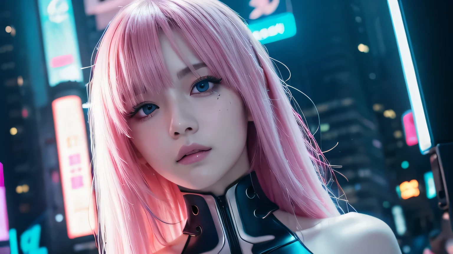 masutepiece, Best Quality, Photorealistic, Ultra-detailed, finely detail, High resolution, 8K Wallpaper, 1 beautiful woman, Perfect dynamic composition, Beautiful detailed eyes, detailed hairs, Detailed realistic skin texture, cyberpunk, light, pink neon, blue neon, hologram, futuristic, sexy, hot, porn, blade runner, sexy pose, innocent face, show upper body and neck