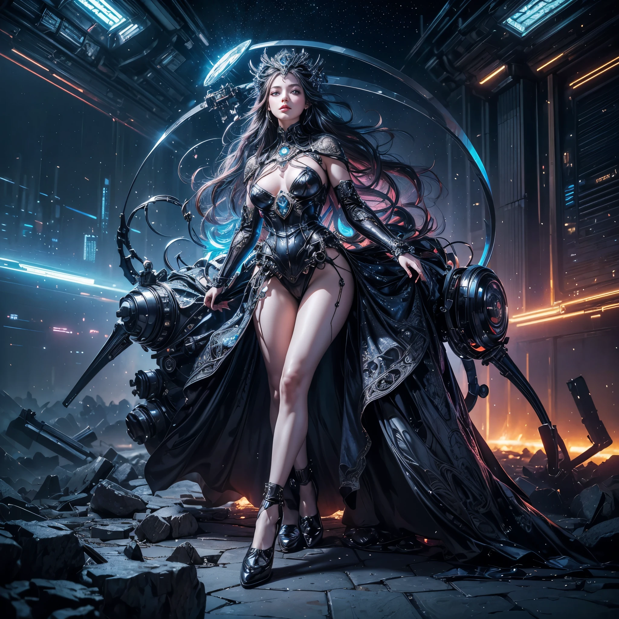 ((masterpiece of a science goddess from the beginning of time, crisp eyes,( bdsm gear),alternate universe, intricate details, ), chromatic, Chaos, space time Delicate Nuances, Unity, (full body shots, looking at the camera), best illumination, uhd, ), (city background, lights, blurred:1.2), Romantic Era, Surrealist Style