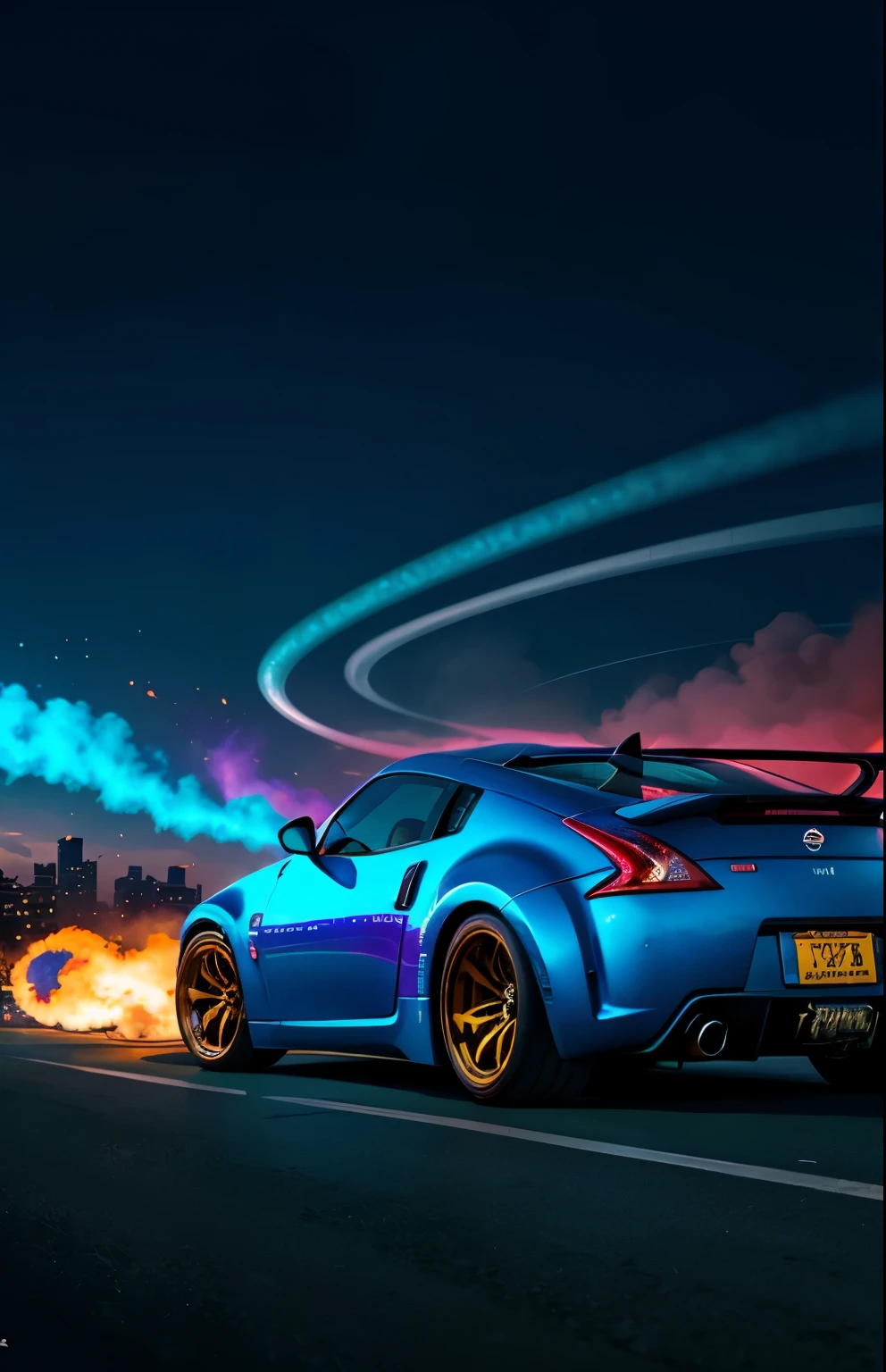 hipercarros cyberpunk, cores suaves, swirling colored smoke, lenda, paisagem urbana, space, nissan 350z