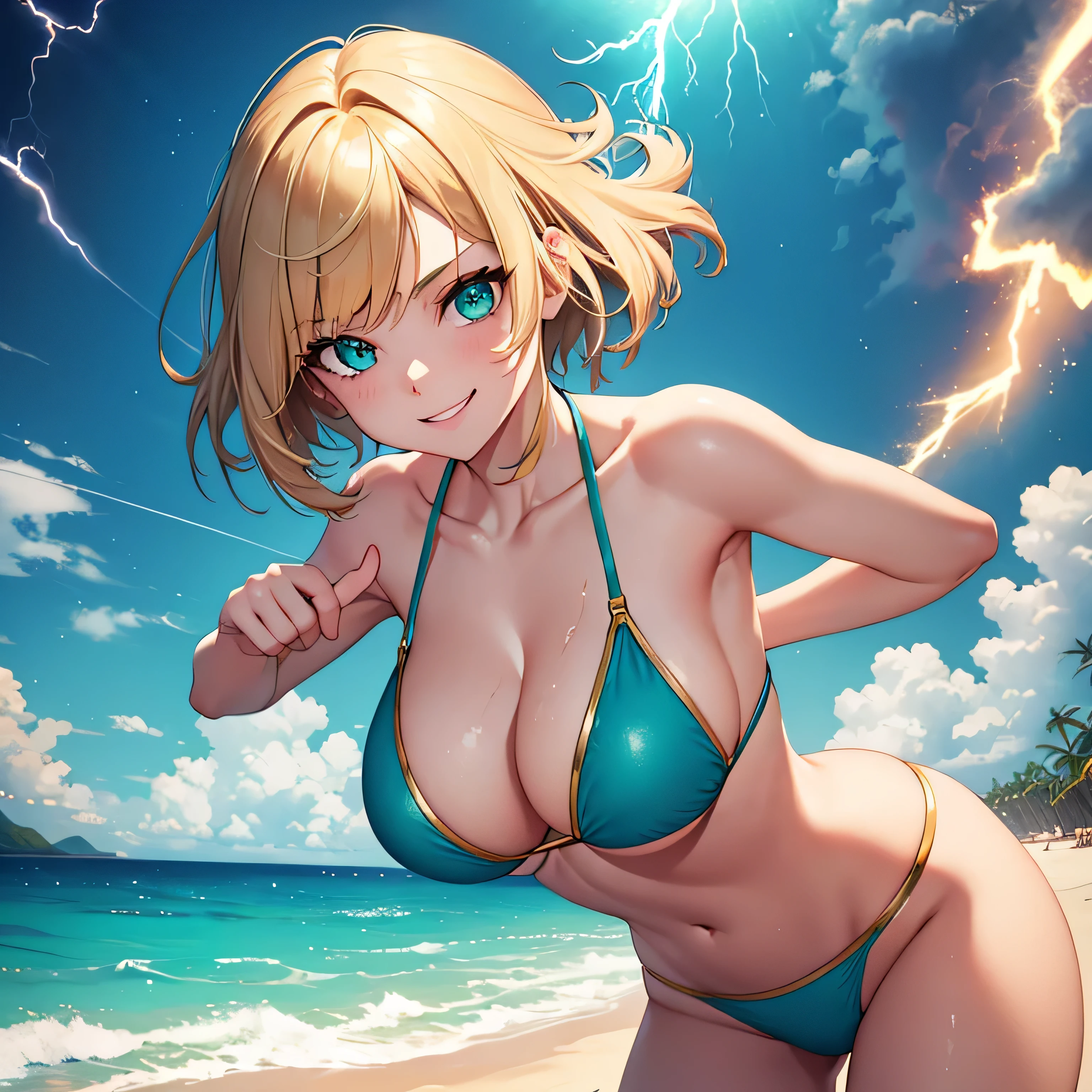 1 girl, medium gold hair, light green eyes, j cup breast size, powder blue bikini with lightning bolts, beach, high res, 8k, masterpiece, looking at viewer, nice smile, (masterpiece), best quality, expressive eyes, perfect face, bending over to the left, hands behind her back
