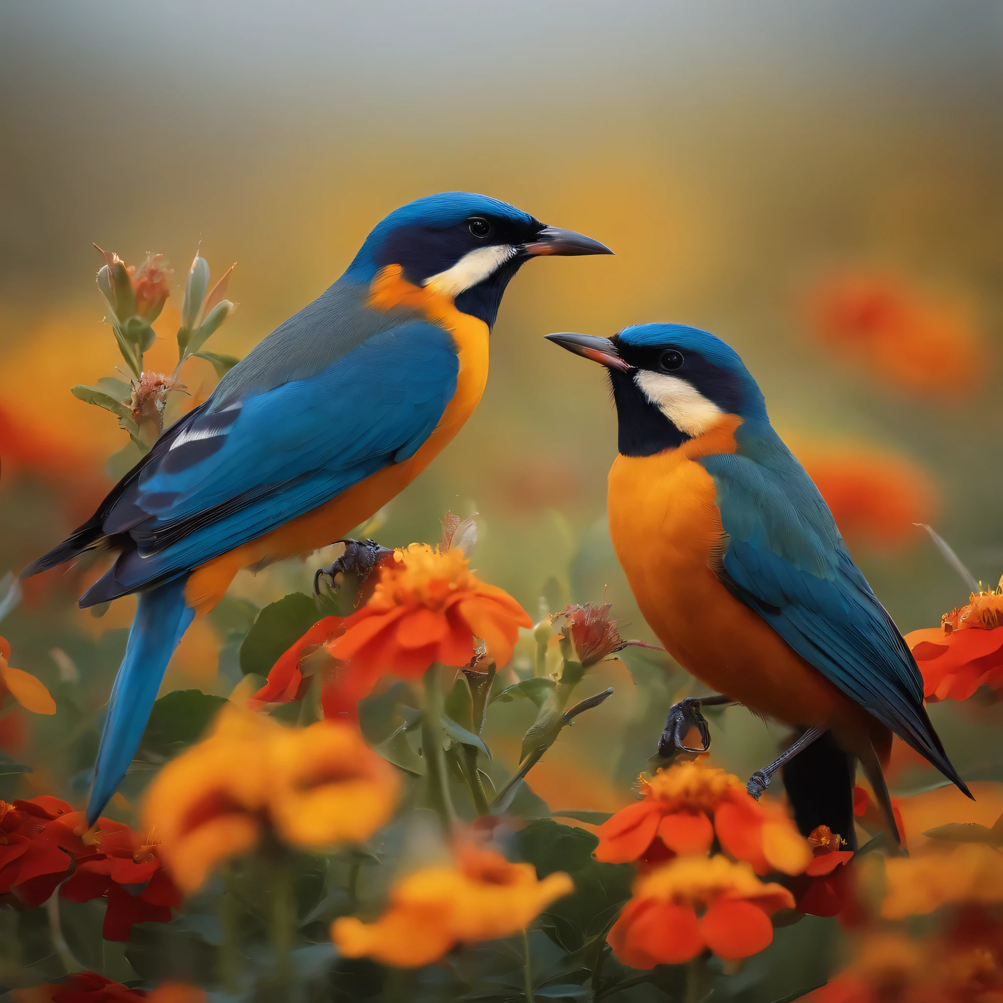 Beautiful birds standing on flowers, Talking with a mouth in his lap