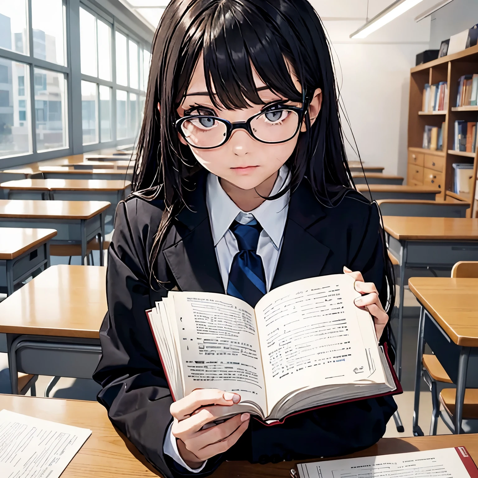 masterpiece, the newest exception, 1.2 resolution,
1 girl,
school setting, black school uniform, desk, classroom, [intensify: deep concentration, focused, determined expression].

or

masterpiece, top-notch, 4K resolution,
1 girl,
homework, school desk, midnight oil, books spread, [intensify: absorbed, engrossed, serious].

or

masterpiece, high definition, 1.5K,
1 girl,
school uniform, library corner, book in hand, glasses on nose, [intensify: thoughtful, studious, intellectually engaged].