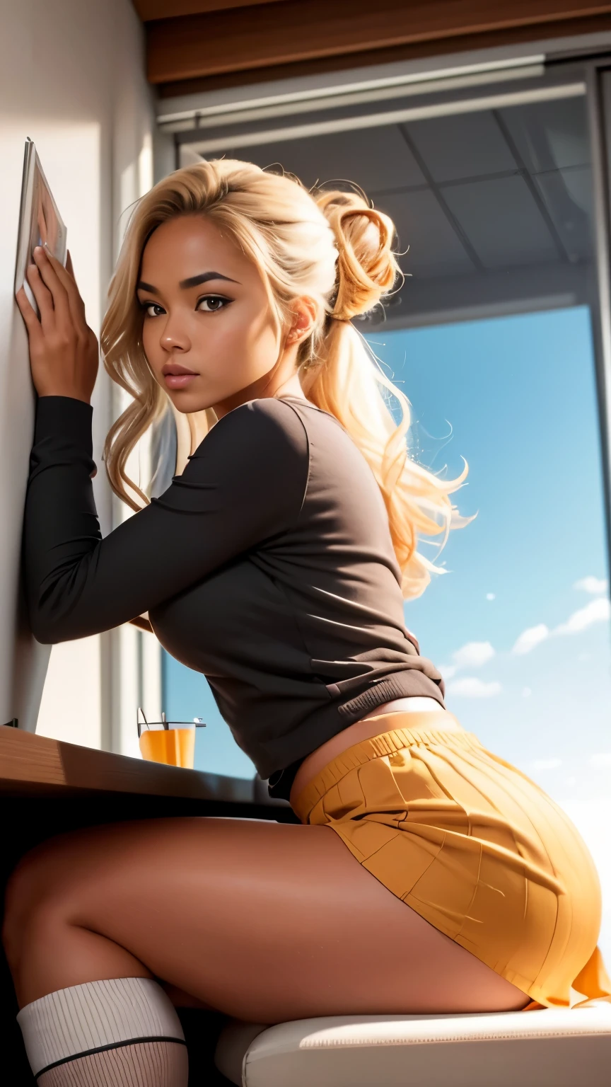 Shot from below, low angle shot, Beautiful woman, tanned skin, pacific islander, sitting down, office clothes, long-sleeve, (skirt), (knee high socks), boots, cleavage, large breasts, messy bun, blonde hair, blushing, office, setting sun, large windows, top floor, Hyperrealism, depth of field, cinematic lighting, UHD, masterpiece, high details, high quality, highres, 16k, sexy pose, seductive pose