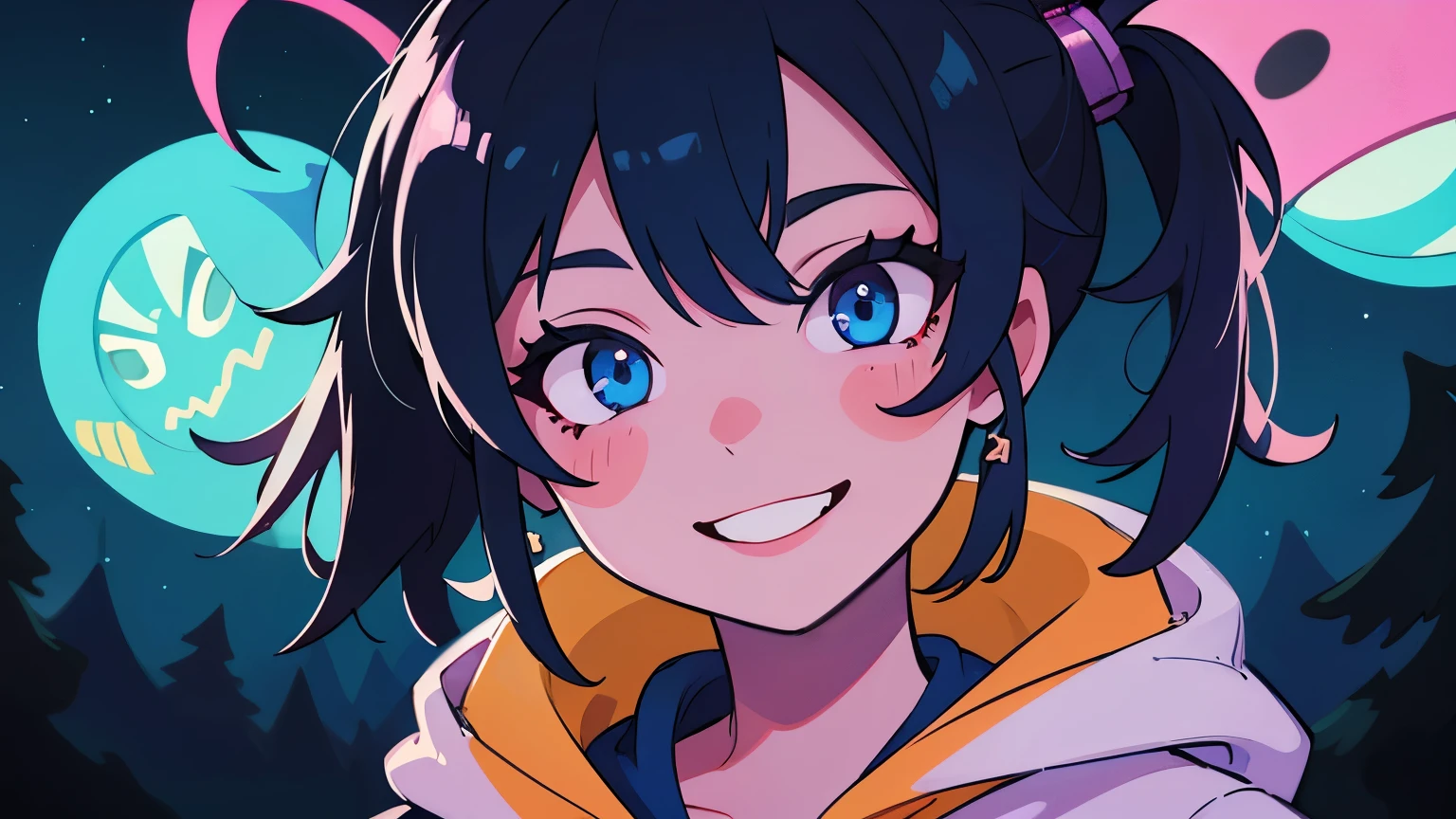 ((best quality)), ((masterpiece)), (detailed), perfect face, detailed background, masterpiece, best quality, smile, ornament, hoodie, portrait, blue neon, graffiti, dark, night, glowing eyes, blacklight
