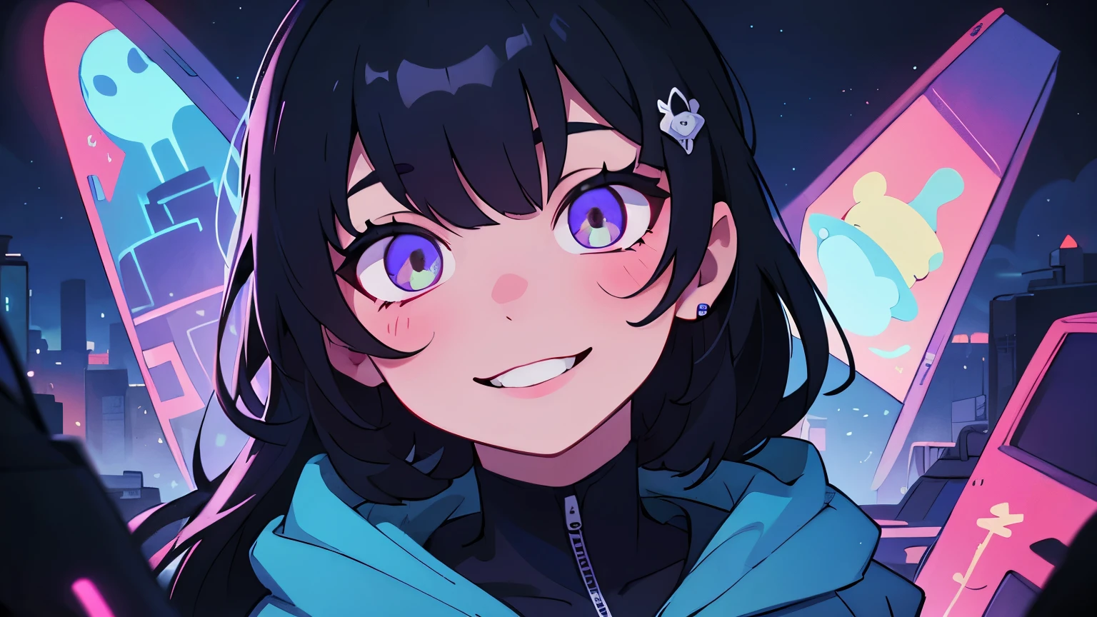 ((best quality)), ((masterpiece)), (detailed), perfect face, detailed background, masterpiece, best quality, smile, ornament, hoodie, portrait, blue neon, graffiti, dark, night, glowing eyes, blacklight