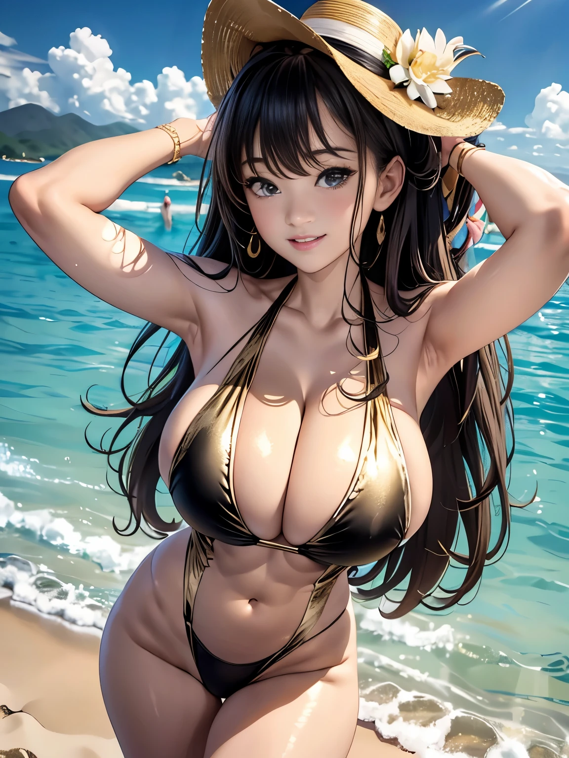 (4k、highest quality)、(realistic、Photoreal)、(Yakian)、
1 girl、solo、whole body、Rear view、(looking back)、
perfect hands、look up_in_viewer、
white shirt、
家の外in、sandy beach、detailed face、best smile、long brown wavy hair,(huge breasts, cleavage:1.2),(Two-tone black and gold swimsuit :1.3), (camel toe),18-year-old、Nogizaka idol、actress、korean idol、Gravure idol pose,put your arms behind your back,raise both arms,(Aside)