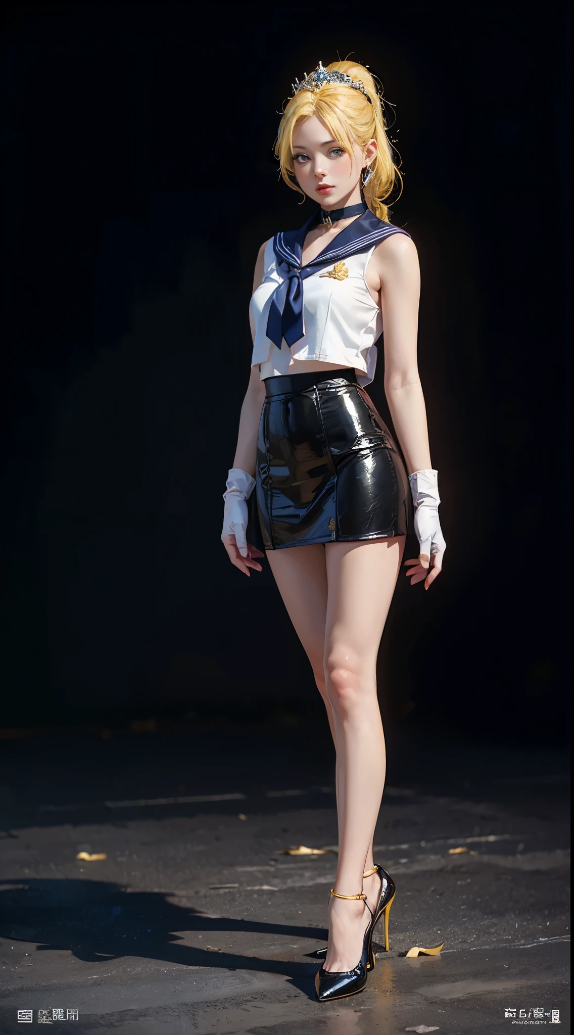 ((masterpiece:1.4)、(highest quality:1.4)、(realistic:1.7))、master piece:1.4、(Finest rendering:1.4)、beautiful girl、(beautiful girl戦士セーラームーン:1.4)、moon野うさぎ、Body fit sexy sailor warrior uniform、(shiny latex)、(The jacket is a white sleeveless sailor uniform....)、(Skirt Blue Sexy Ultra Ultra Pleated Mini Skirt)、There are two thin blue lines on the collar of the sailor uniform................、high leg swimwear、red cloth decoration on the chest、(wearing white gloves)、cute girl、Super beautiful、sharp focus、portrait photography:1.4、8k、realistic photo images:1.4、(perfect female body:1.4)、perfect proportions、(full body photography:1.4)、beautiful face、beautiful eyes、narrow waist、(足が長くスタイルの良いbeautiful girl:1.4)、beautiful feet、(yellow hair:1.4)、(long hair:1.2)、(ponytail:1.2)、beautiful breasts、big breasts:1.2、sexy butt、Raw photo、red lips、red high heels:1.4、choker:1.4、necklace:1.4、earrings:1.4、luxurious golden tiara:1.4、1 screen display、moon、universe、universe船、universeステーション、city of the future