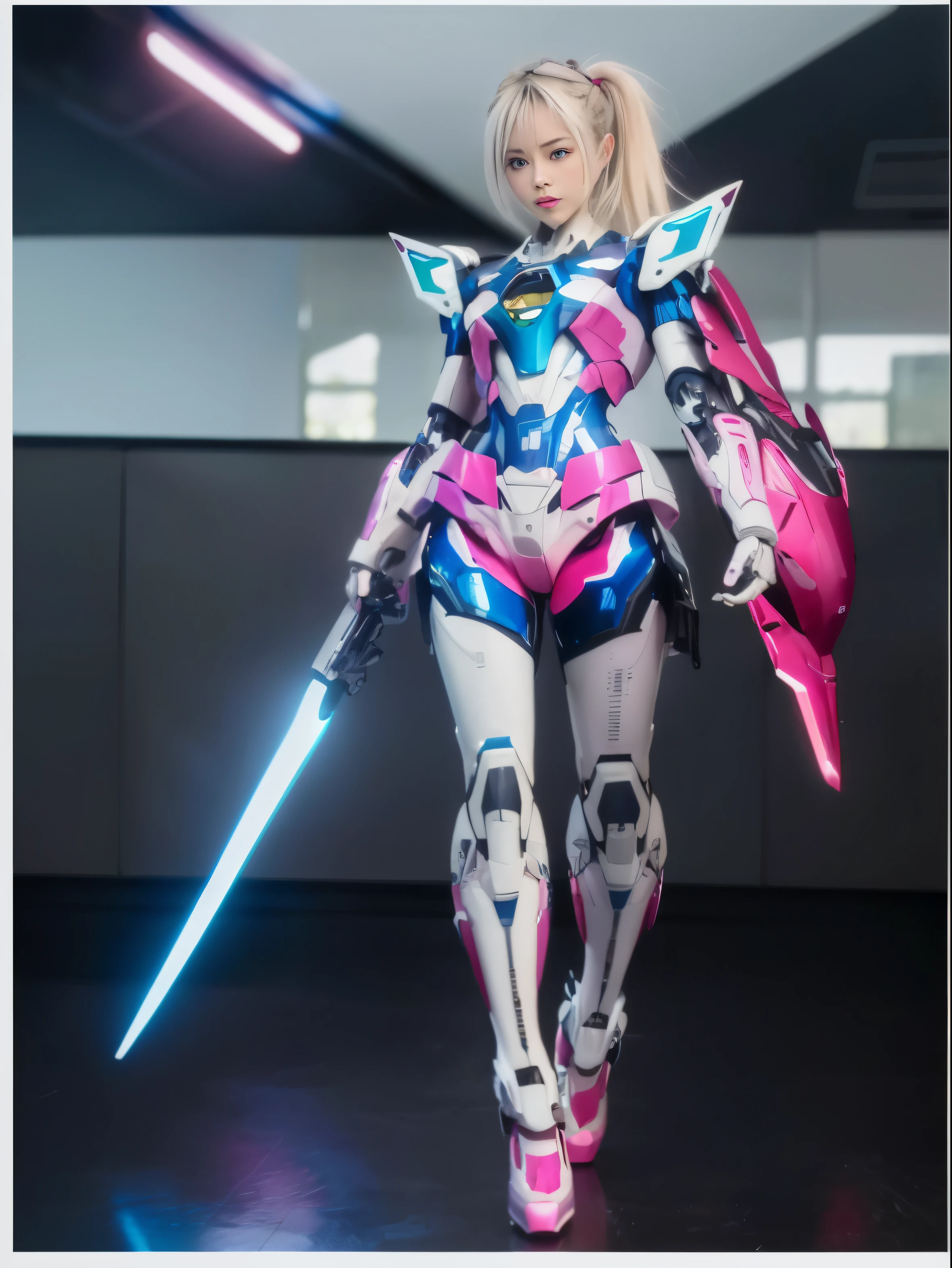 masterpiece, highest quality, 1 girl, alone, perfect face, looking at the viewer, Transparent vinyl that adheres closely to the skin, blue long hair, gray eyes, white skin, Shanya Ogaoda, Mecha,  pink armor with white part,  armor, Helmet,  line drawing, that&#39;dim, private key, sharp focus, octane number, Backlight, Mechanicalry, Backlight, shiny clothes, Mechanical legs, thruster, Flight, hair ornaments,  high heels, shiny, artist name, Are standing, thighs, pink eyes, teeth, look down, armored boots, cyborg, (big Mechanical background:1.2), bare shoulders, lips, Mechanical, View from bottom to top, cosplay, RAW photograph, delicate, highest quality, (intricate details:1.3), hyper detail, In detail, colorful, 8K UHD, film grain, (studio lighting:1.2), (Fujifilm XT3), (photographrealistic:1.3), (fine skin:1.2)ultra high resolution, In a park with a lake outside, highest quality, photograph, 4K, (photographrealistic:1.4)