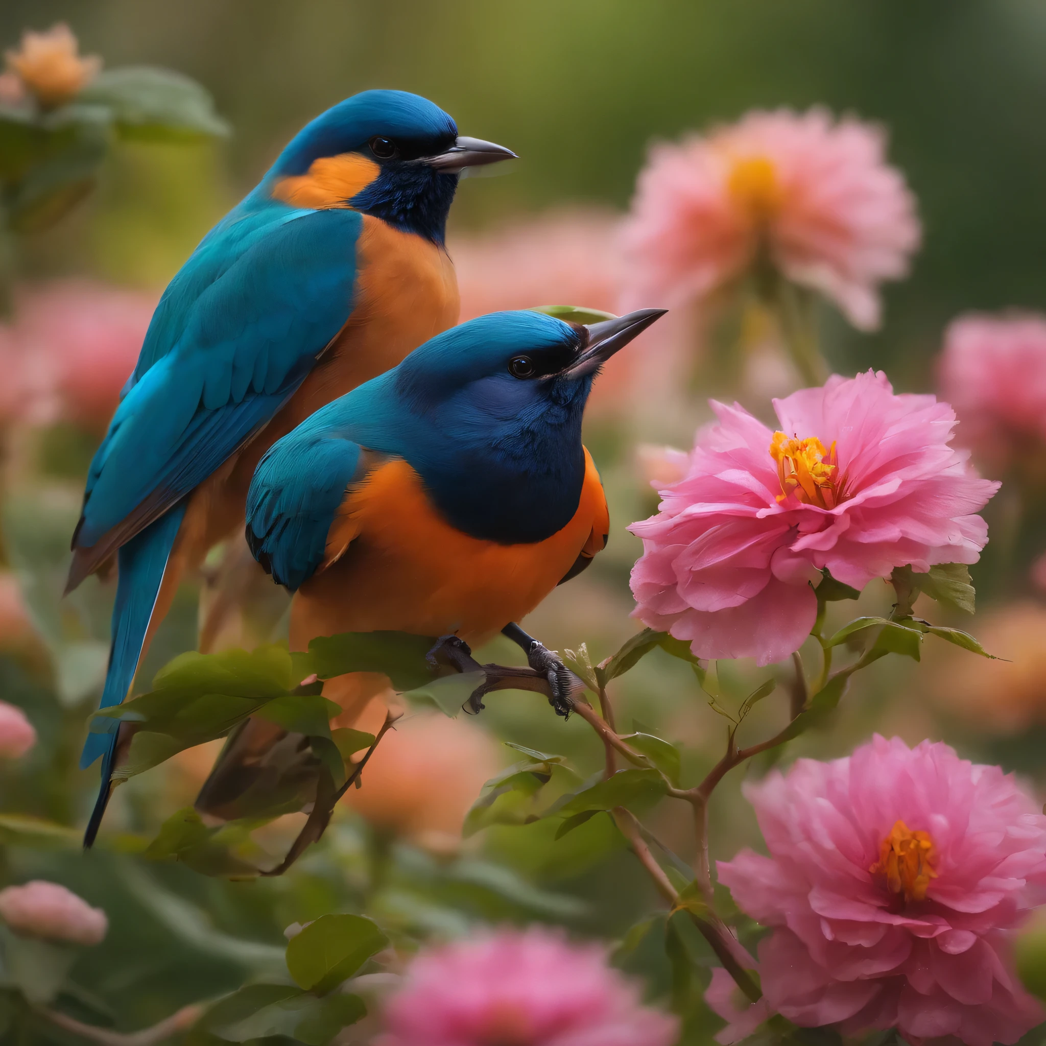 Beautiful birds standing on flowers，Talking with a mouth in his lap