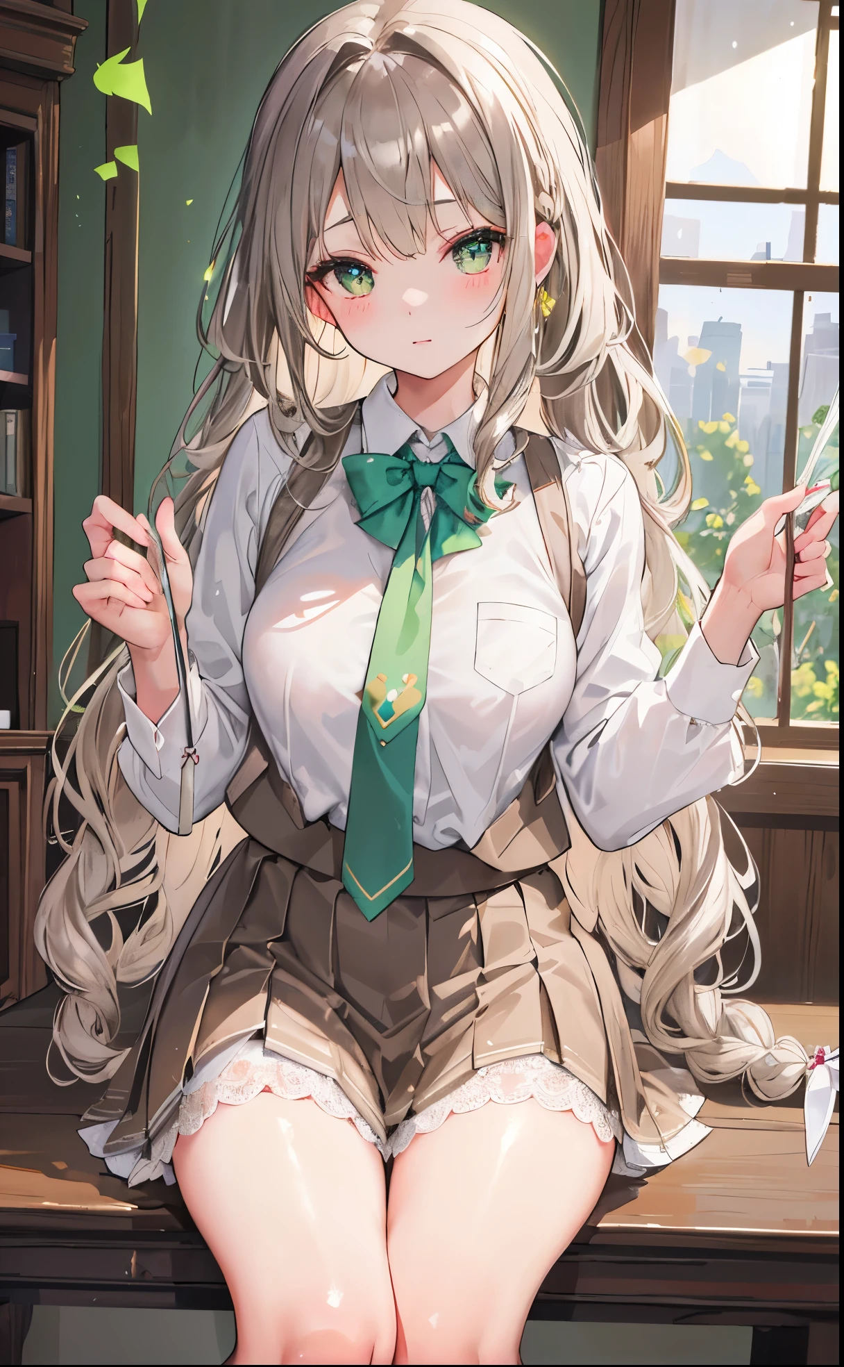 Shiny silvery brown hair,double braid,Stunning pupils,petite,petite的可爱小甜妹,The breasts are plump and soft,White Jk school uniform soft and waxy texture,Decorated with green lace,wearing a tie,The body smells soft and glows with fluorescence,Super cute