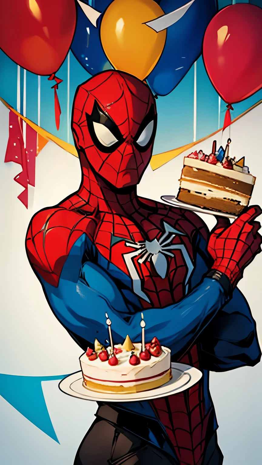 Image of spider-man holding a birthday cake. Todo con estilo animado, colores vivos y divertidos.