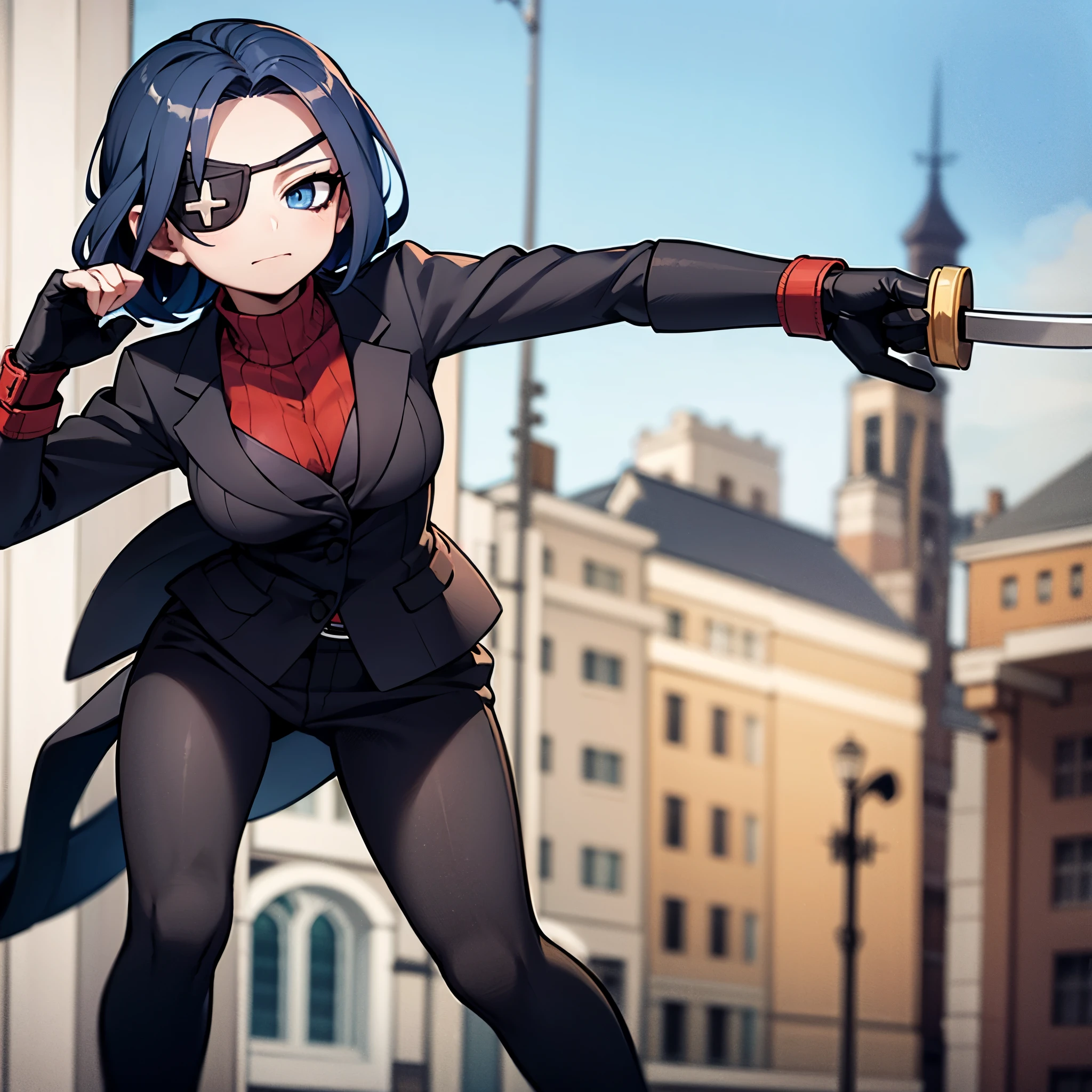 young girl, wearing blue hair, symetric hair, blue eye, wearing a eye patch, black eye patch, wearing suir, black suit, in a city, holding a katana, combat position, ready to fight, looking at vieweer, 4k, masterpiece,