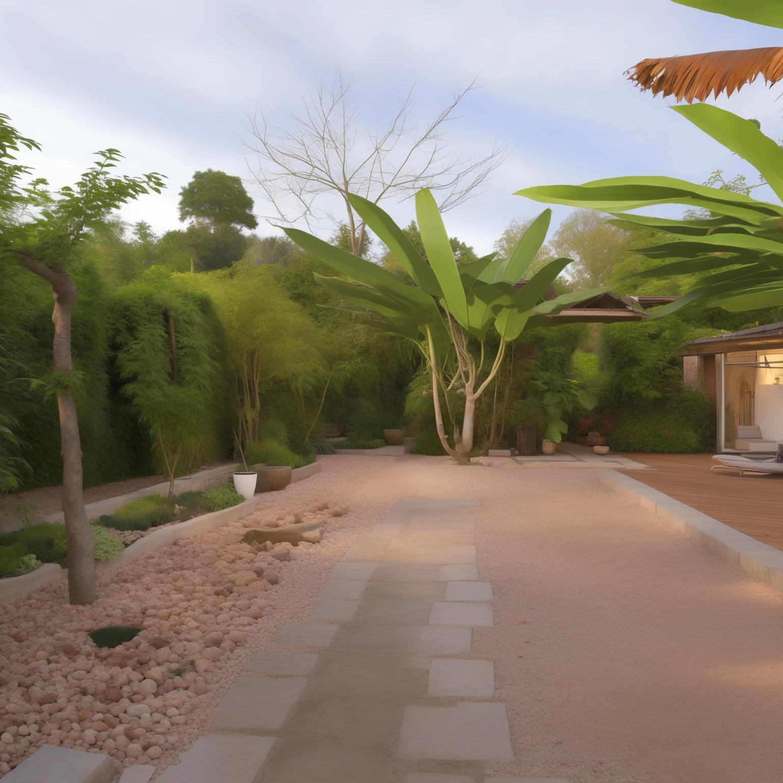 il y a un chemin de terre avec un régime de bananes dessus, in le fond est une jungle luxuriante, La jungle en arrière-plan, jungle en arrière-plan, le fond est une jungle luxuriante, dans un environnement de jungle, décor de jungle, jardin avec des fruits sur les arbres, avec beaucoup de végétation, envahi par des plantes luxuriantes, jardin luxuriant en arrière-plan, sentier, dense de verdure