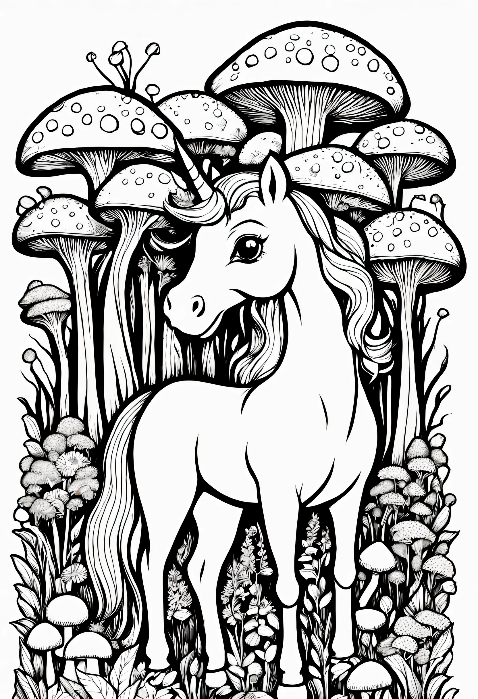 livro de colorir, desenho de linha, (coloring page:1.6) Cute unicorn from the mushroom forest: Among whimsical mushrooms and fairy rings, a unicorn discovers an enchanting forest, surrounded by small creatures and magical spores. , Livro para colorirAF , (fundo branco em branco:1.4)