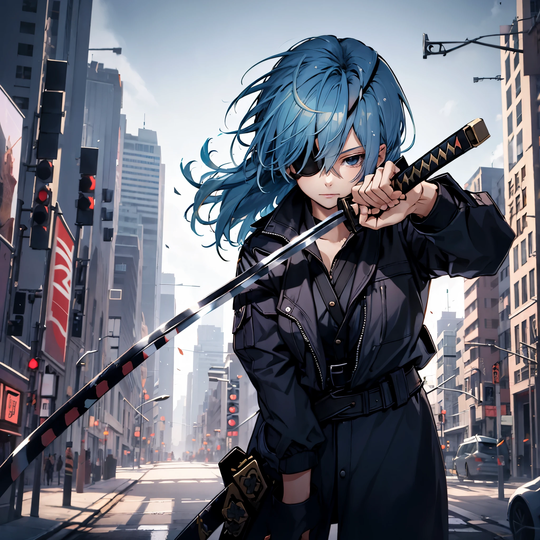 young girl, wearing blue hair, symetric hair, blue eye, wearing a eye patch, black eye patch, wearing suir, black suit, in a city, holding a katana, combat position, ready to fight, looking at vieweer, 4k, masterpiece,
