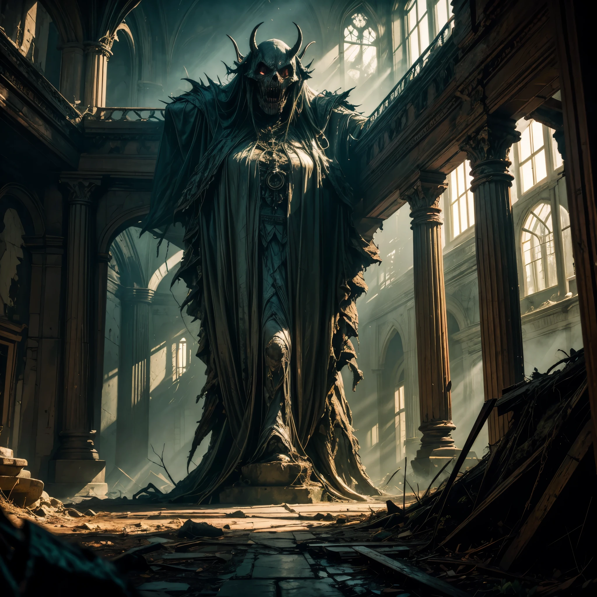 a desolate landscape cloaked in perpetual twilight, where gnarled trees twist like the contorted fingers of a corpse reaching for salvation. Among the shadows, a dilapidated mansion looms, its windows eyes of malice, its walls oozing with the decay of centuries past. At the threshold stands a figure, neither living nor dead, draped in tattered robes, its face obscured by shadows, yet its malevolence palpable. From the depths of the mansion's depths, a chorus of anguished wails pierces the silence, echoing through the air like the lamentations of the damned. Every step taken toward the mansion is met with resistance from the very earth itself, as if the ground itself wishes to repel intruders from the horrors within. This is a realm where nightmares are born and sanity is lost, a testament to the twisted imagination of its creator, a chilling monument to fear incarnate.