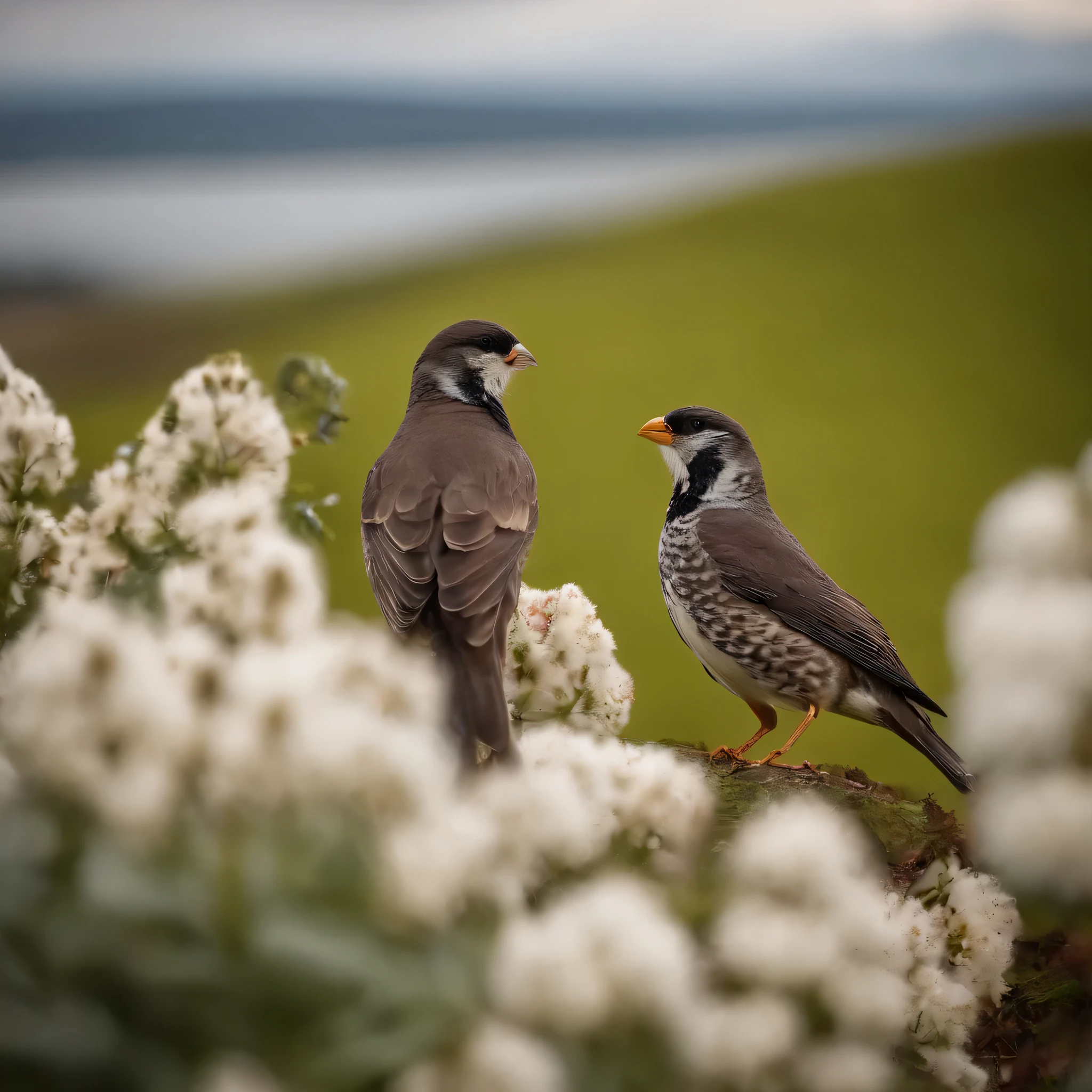 Beautiful birds standing on flowers,Talking with a mouth in his lap