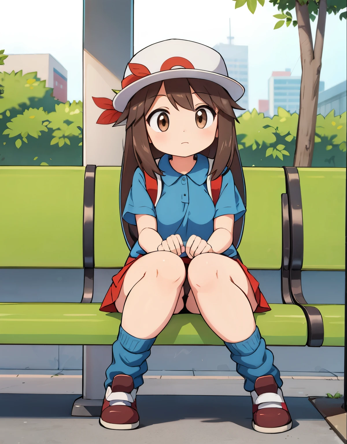 leaf pokemon sitting at a bus stop,focused,looking at a map,red skirt, blue shirt, brown eyes, loose socks, white footwear, upskirt, body shape, chubby thighs,a backpack beside her,confused,