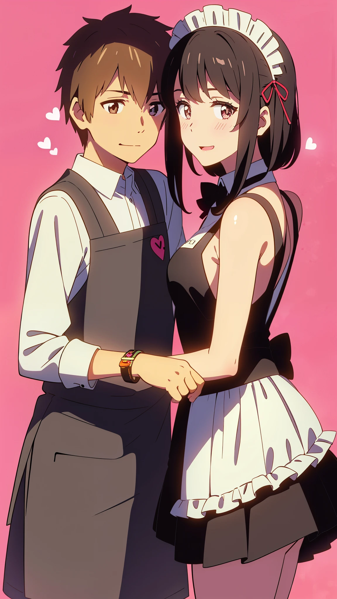 shinkai makoto, kimi no na wa., 1girl, 1boy, bangs, black hair, blush, brown eyes, (boy wear Suspender Clothes), ((girl wear maid dress, maid, apron, maid headdress, short dress, Off-the-shoulders)), bow, ribbon, short hair, smile, open mouth, looking at the viewer, cute, love, heart, couple, adorable, dating, bracelet, valentine background, Valentine's Day