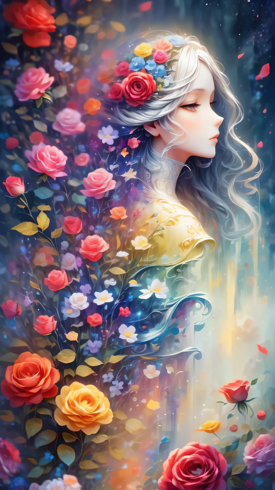(Side face beauty,long colored hair,close eyes,masterpiece roses),Rainbow color background, (illustration:1.2,paper art:1.2, Zentangle:1.2, 3d rendering),(best quality, detailed details, masterpiece, official art, Lighting effects, 4K, chiaroscuro)