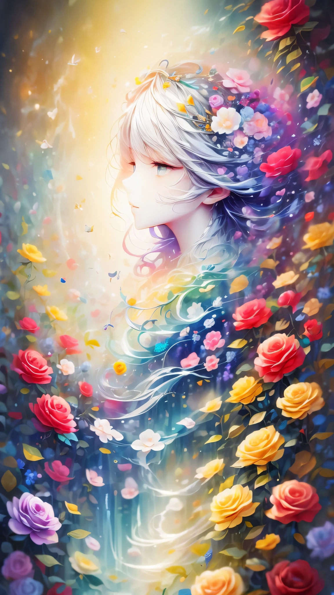 (Side face beauty,long colored hair,close eyes,masterpiece roses),Rainbow color background, (illustration:1.2,paper art:1.2, Zentangle:1.2, 3d rendering),(best quality, detailed details, masterpiece, official art, Lighting effects, 4K, chiaroscuro)