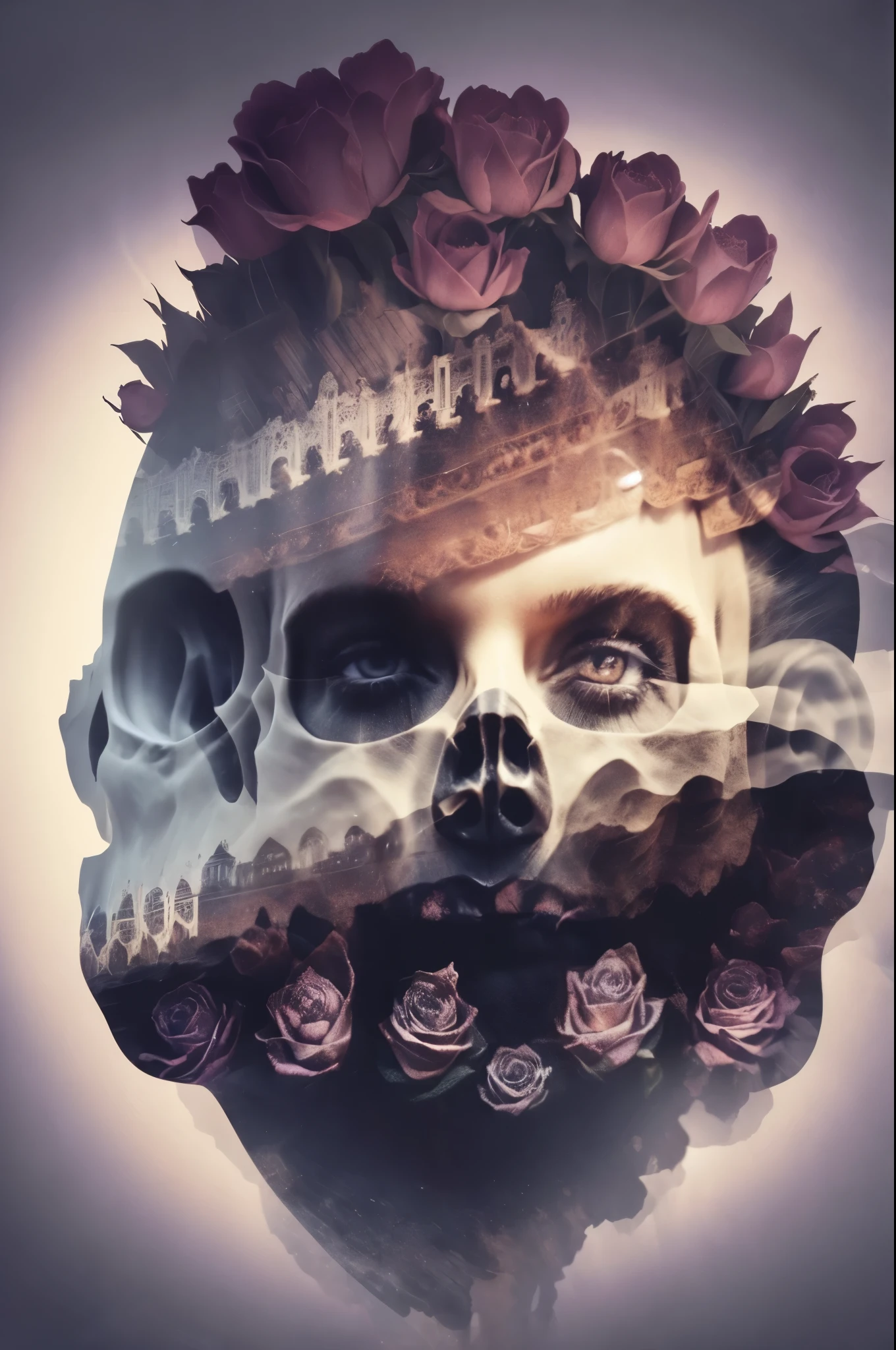 a skull black roses and leaves, 8 k altamente detalhado, skull made of purple roses, Realismo super intrincado, 8k highly detailed, arte detalhada em cores, cores super vivas, sacred skull, skull, Dia de todos os mortos, Ultra - realista e intrincado, with a crown of skulls, eyes dark