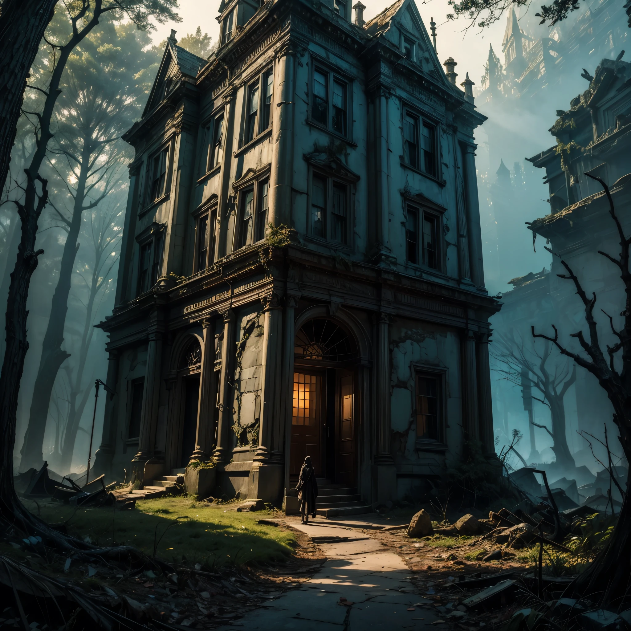 a desolate landscape cloaked in perpetual twilight, where gnarled trees twist like the contorted fingers of a corpse reaching for salvation. Among the shadows, a dilapidated mansion looms, its windows eyes of malice, its walls oozing with the decay of centuries past. At the threshold stands a figure, neither living nor dead, draped in tattered robes, its face obscured by shadows, yet its malevolence palpable. From the depths of the mansion's depths, a chorus of anguished wails pierces the silence, echoing through the air like the lamentations of the damned. Every step taken toward the mansion is met with resistance from the very earth itself, as if the ground itself wishes to repel intruders from the horrors within. This is a realm where nightmares are born and sanity is lost, a testament to the twisted imagination of its creator, a chilling monument to fear incarnate.