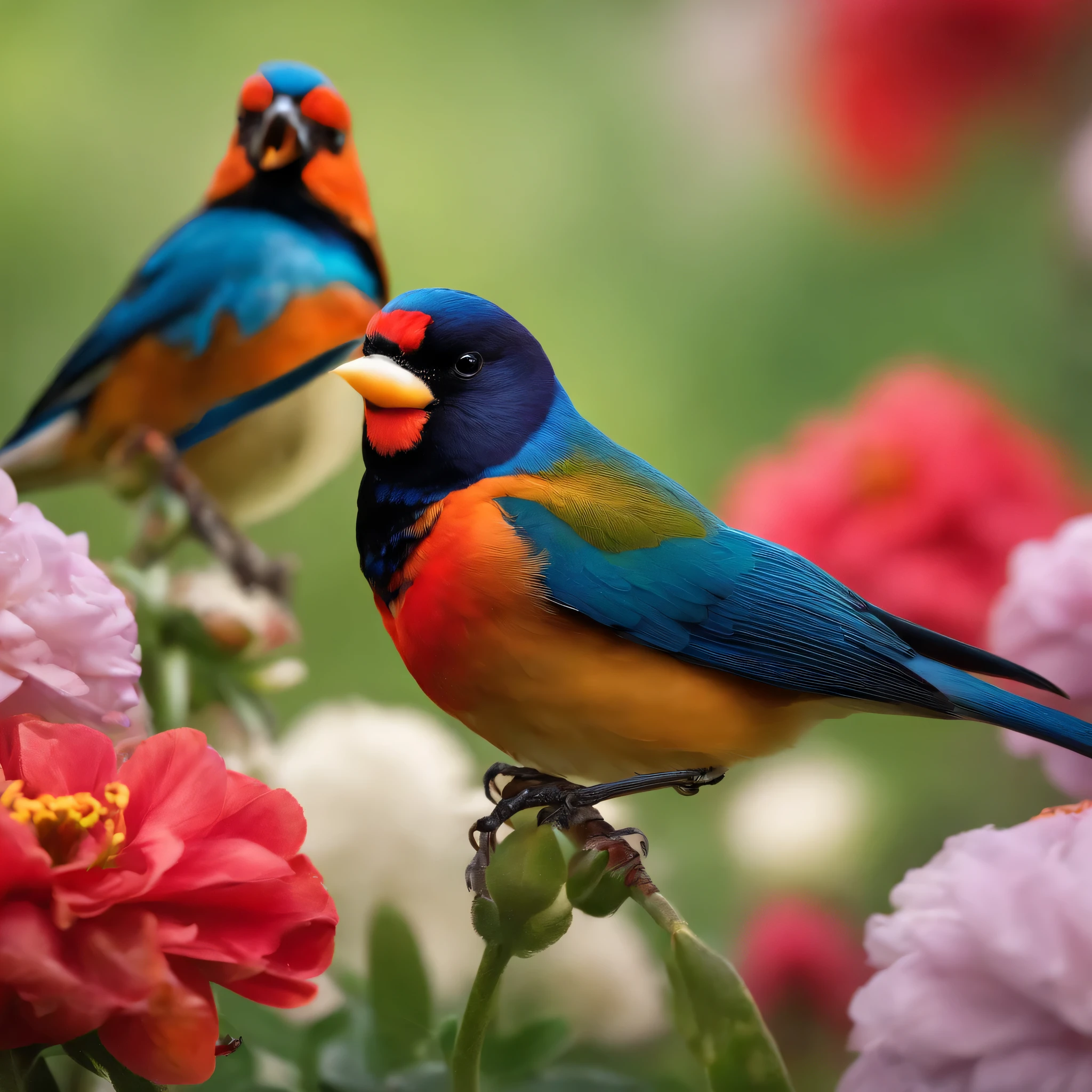 Beautiful birds standing on flowers,Talking with a mouth in his lap