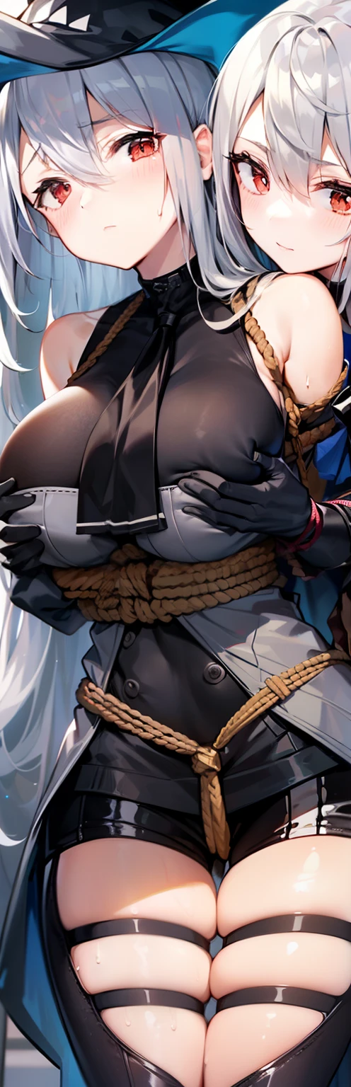 Style image of two women in black clothes sitting on bed, small details, arknights style, Behind the girl, black coat, black hood, grab your chest from behind, wrapped in rope, ((((bondage)))) ((Rope bondage)), (((it hurts))), grit your teeth, full of sweat, ultra detail, (big and full breasts), (((((hands tied behind))))), (((((turn your arms behind your back))))), Same thighs, ,((shibari)), (((((The rope is wrapped around the body many times.))))), (((brown rope))),