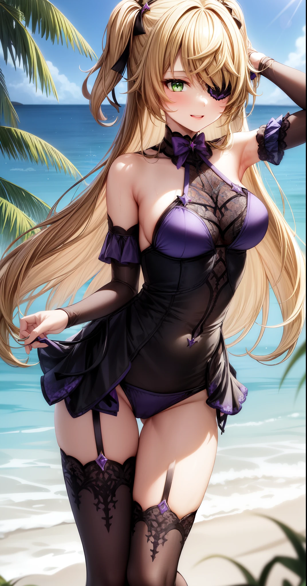 anime, beautiful face, highly detailed face, (2 accurate legs:1.0), green detailed eyes, highly detailed beach background, perfect lighting, best lighting, hair ornament, 1girl, solo, fischl, genshin impact, outdoors, on the beach, (beautiful blonde hair:1.2), absurdres, high res, ultrasharp, 8K, masterpiece, looking at viewer, loving smile, BREAK (detailed sexy purple beach bikini:1.5), (intricate all lace:1.2), (beautiful black heels:1.2), (full body:1.0), (hands behind head:1.2)