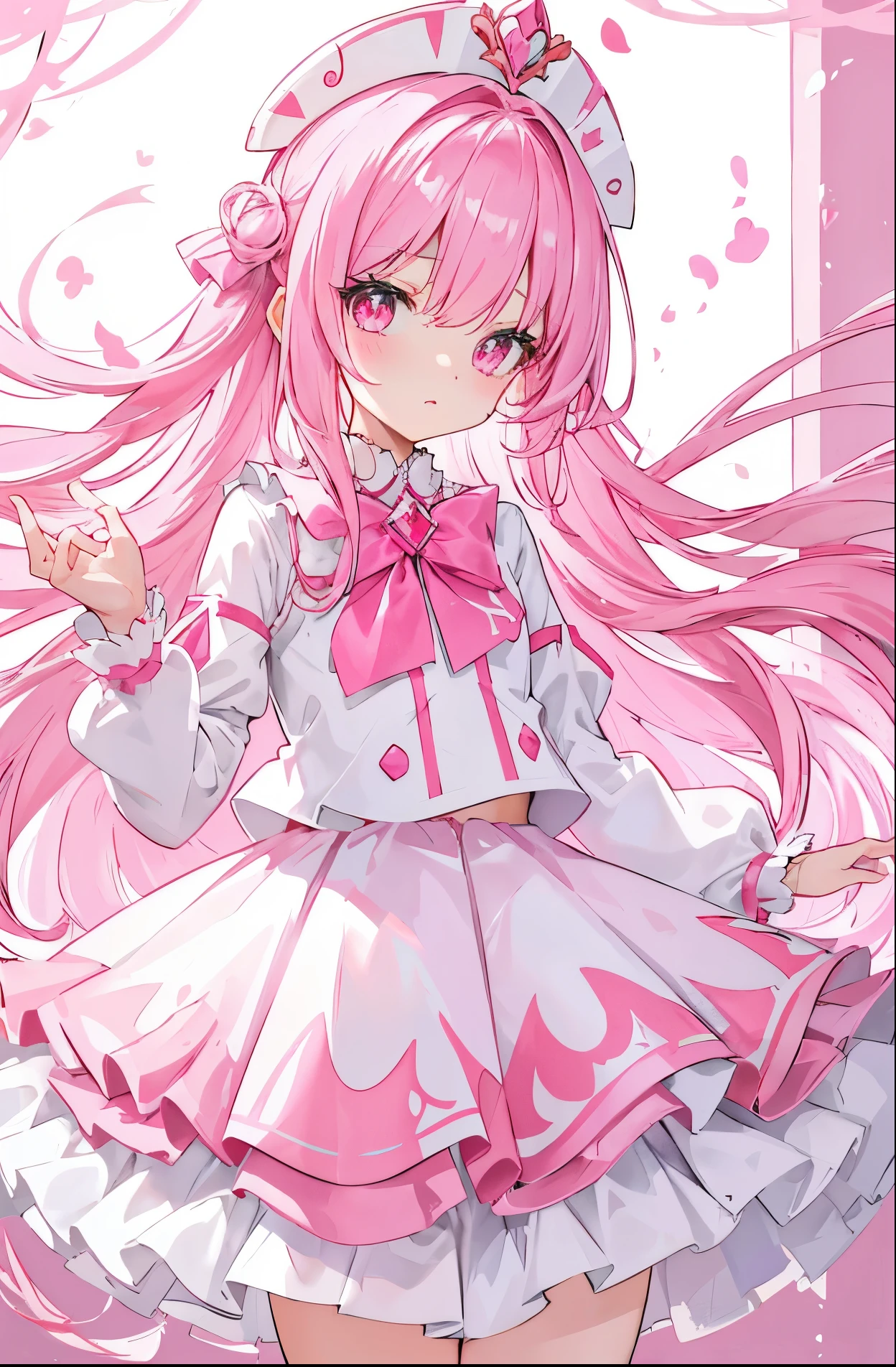 Shiny bright pink and white long hair,Stunning pupils,Petite and cute little sweet girl,White clothes soft and waxy texture,black pleated skirt,Quirky and super cute