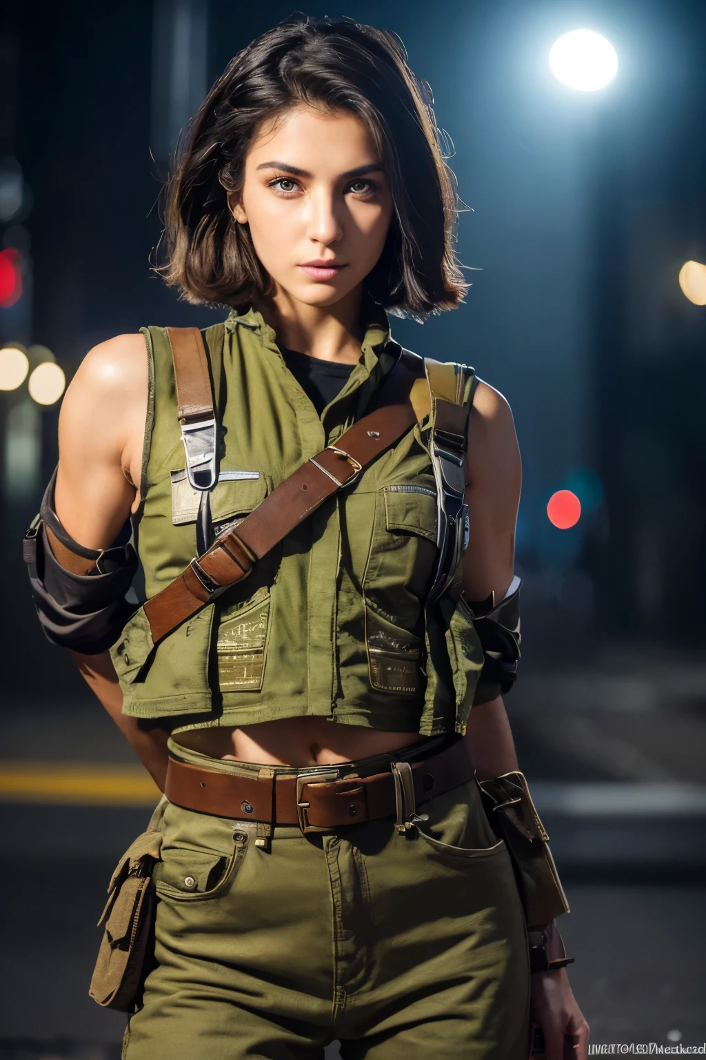 beautiful sniper woman, Middle Eastern face, very short black hair, military style hairstyle with shaved sides, tanned skin, very light green eyes, mucular body, robotic hands, worked abs, topless, Soviet style gray leather military pants with purple detail, he wears a backpack with a radio system, military boots, Harnesses and belts with ammunition, It's in a completely destroyed Middle Eastern city.. , A night light of the completely destroyed Middle Eastern city, Fire and a lot of smoke, ultra Realistic, ultra detailed, hyper Realistic, 4k, ultra detailed image, Realistic, highly detailed, perfect composition, beautiful, Intricately detailed, incredibly detailed, 8 k artistic photography, hyper detailed, ultra Realistic masterpiece, ultra detailed, hyper Realistic, 4k, ultra detailed image, Realistic, highly detailed, perfect composition, beautiful, Intricately detailed, incredibly detailed, 8 k artistic photography, hyper detailed, masterpiece