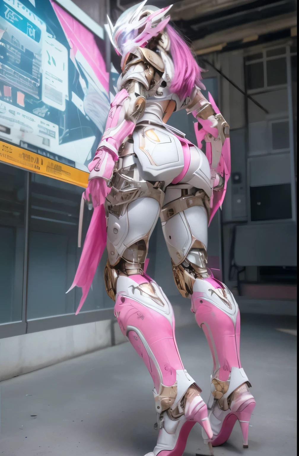 masterpiece, highest quality, 1 girl, alone, perfect face, looking at the viewer, Transparent vinyl that adheres closely to the skin, blue long hair, gray eyes, white skin, Shangyaogaoda, Mecha, pink armor with white part, armor, Helmet, line drawing, It's dim, discreet key, sharp focus, octane number, Backlight, mechanicalry, Backlight, shiny clothes, Mechanical legs, thruster, flight, hair ornaments, high heels, shiny, artist name, Are standing, thighs, pink eyes, teeth, look down, armored boots, cyborg, (big Mechanical background:1.2), bare shoulders, lips, mechanical, view from bottom to top, cosplay, RAW photograph, delicate, highest quality, (intricate details:1.3), hyper detail, in detail, colorful, 8K UHD, film grain, (studio lighting:1.2), (Fujifilm XT3), (photographrealistic:1.3), (fine skin:1.2)ultra high resolution, In a park with a lake outside, highest quality, photograph, 4K, (photographrealistic:1.4)