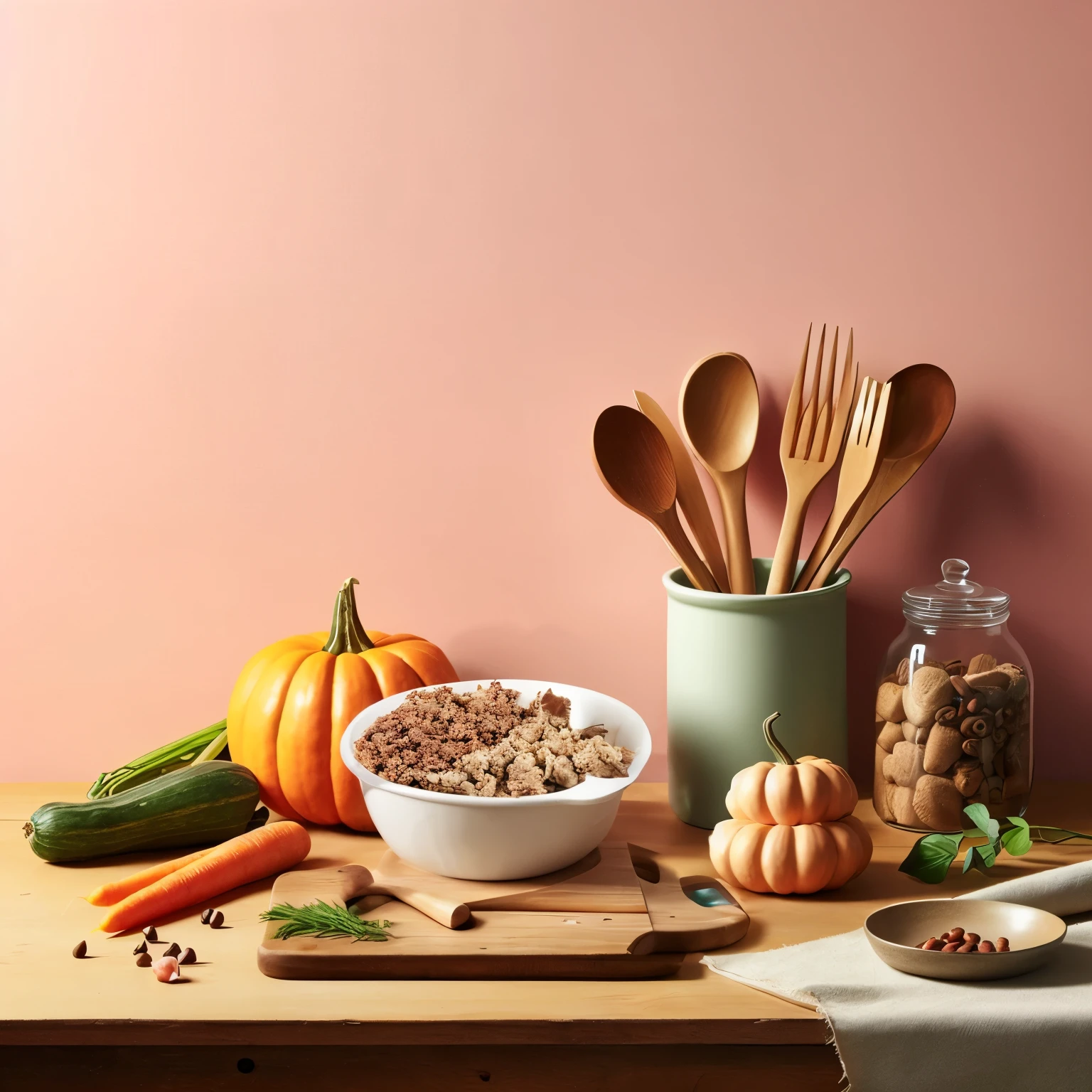 a plastic container of food placed on a kitchen wooden top, pastel pink painted wall, pot of kitchen tools, a slice of pumpkin, a carrot, a plate of raw pork, some green been scattered on the kitchen top, studio lighting, little shadow, flower, modern, minimalistic, product photography composition, 4k quality, super detailed, master piece