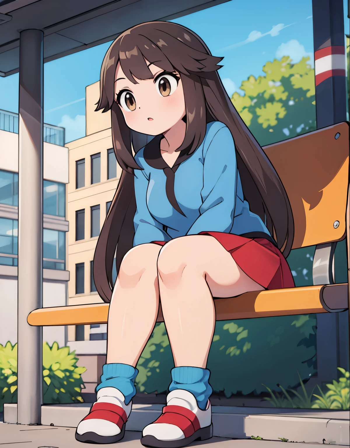 leaf pokemon sitting at a bus stop,focused,looking at a map,long hair,red skirt, blue shirt, brown eyes, loose socks, white footwear, upskirt, body shape, chubby thighs,confused,illustration,having a detailed face and expression,detailed hair,beautiful eyes and lips,daylight,urban landscape,clear sky,vivid colors,well-defined shadows