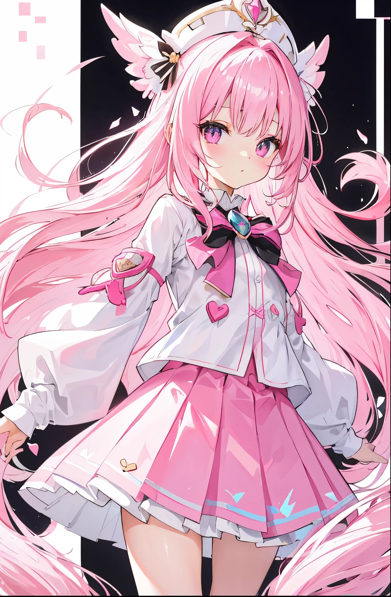 Shiny bright pink and white long hair,Stunning pupils,Petite and cute little sweet girl,White clothes soft and waxy texture,black pleated skirt,Quirky and super cute