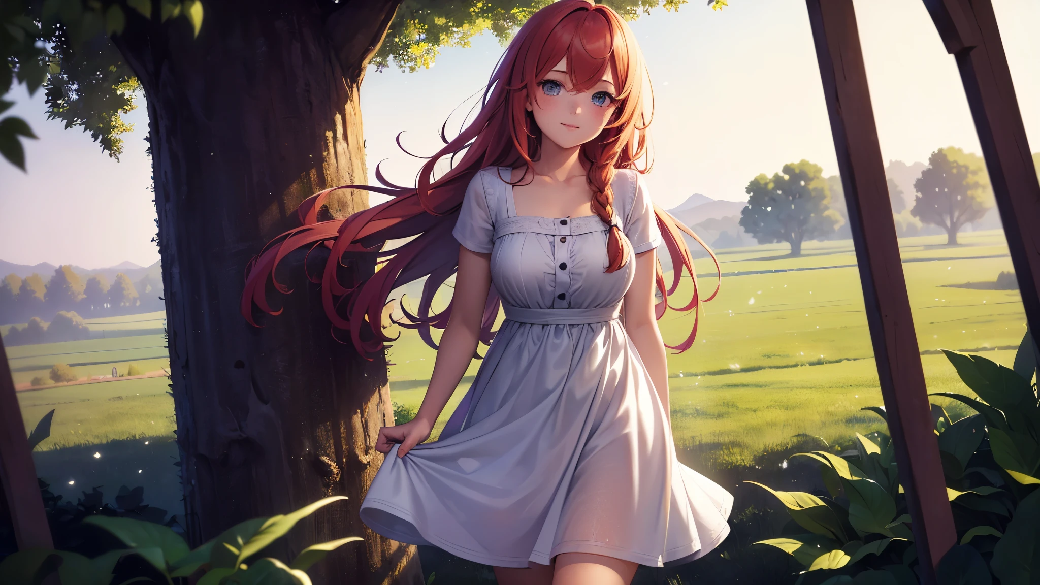 ((masterpiece,best quality,ultra detailed,ultra high res,detailed country yard background)), soft realistic focus, dynamic shadows, realistic image, vibrant colors,light leaks,dreamy atmosphere,chiaroscuro,BREAK
experimental charm, The girl is depicted in full growth, you see the girl from head to toe, nostalgic appeal, country girlfriend, she take you with yourself, simple open short dress, soft mischievous smile, freckles, shiny light red hair, she will take your hand, thick braids, She took you to the moon and back