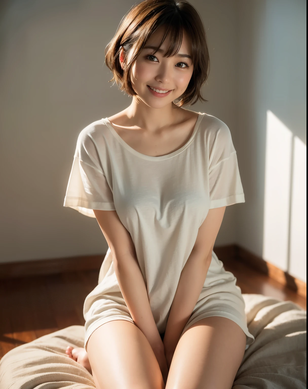 best quality, Face focus, soft light, (depth of field) ,ultra high resolution, (lifelike:1.4), original photo, (moody lighting, night:1.2), bedroom,
(upper thigh:1.4)
1 japanese girl, alone, Lovely, kawaii, (Shy, Smile:1.1), (brown eyes), natural face, (short hair),
(Sitting on gray linen chair)
rest
(White Nude Oversized T-Shirt:1.2)