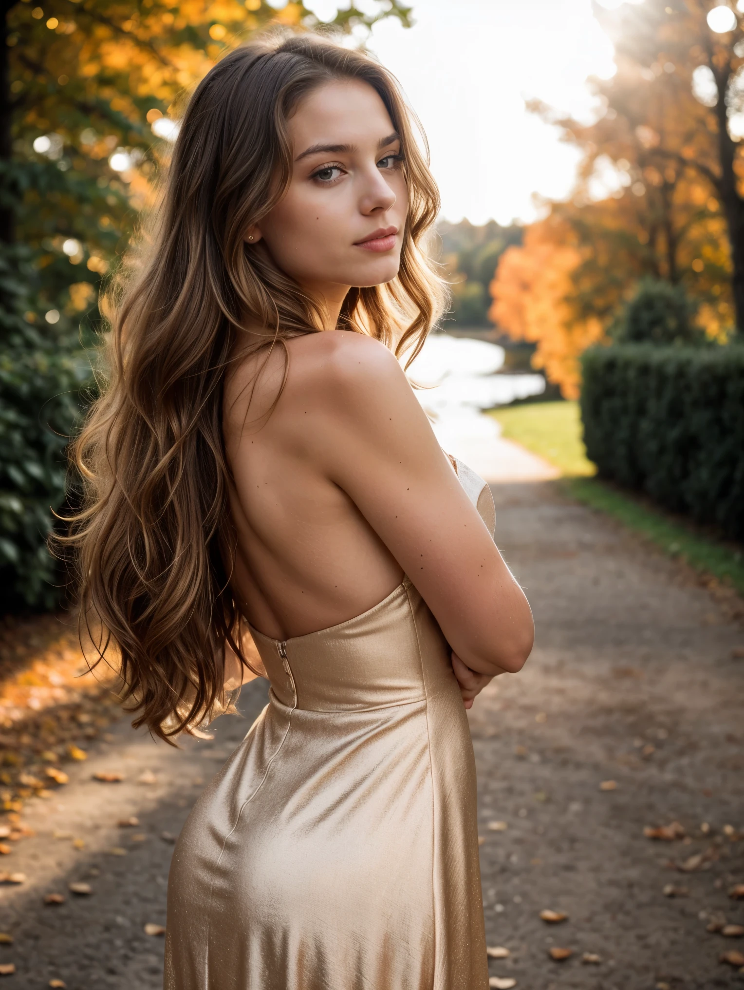 Masterpiece, a beautiful Swedish woman, ((Marilyn Monroe:Ingrid Bergman:0.5)), (high detail plunging formal dress), (medium breasts), (perfect body), (long brown hair), (long wavy hairstyle), outside, (skin texture:1.1), best quality, ultra high res, Raw photo, Nikon D850, backlight, rimlight, bright sunlight, film grain:1.2, (warm hue, warm tone:1.2), (color photo)